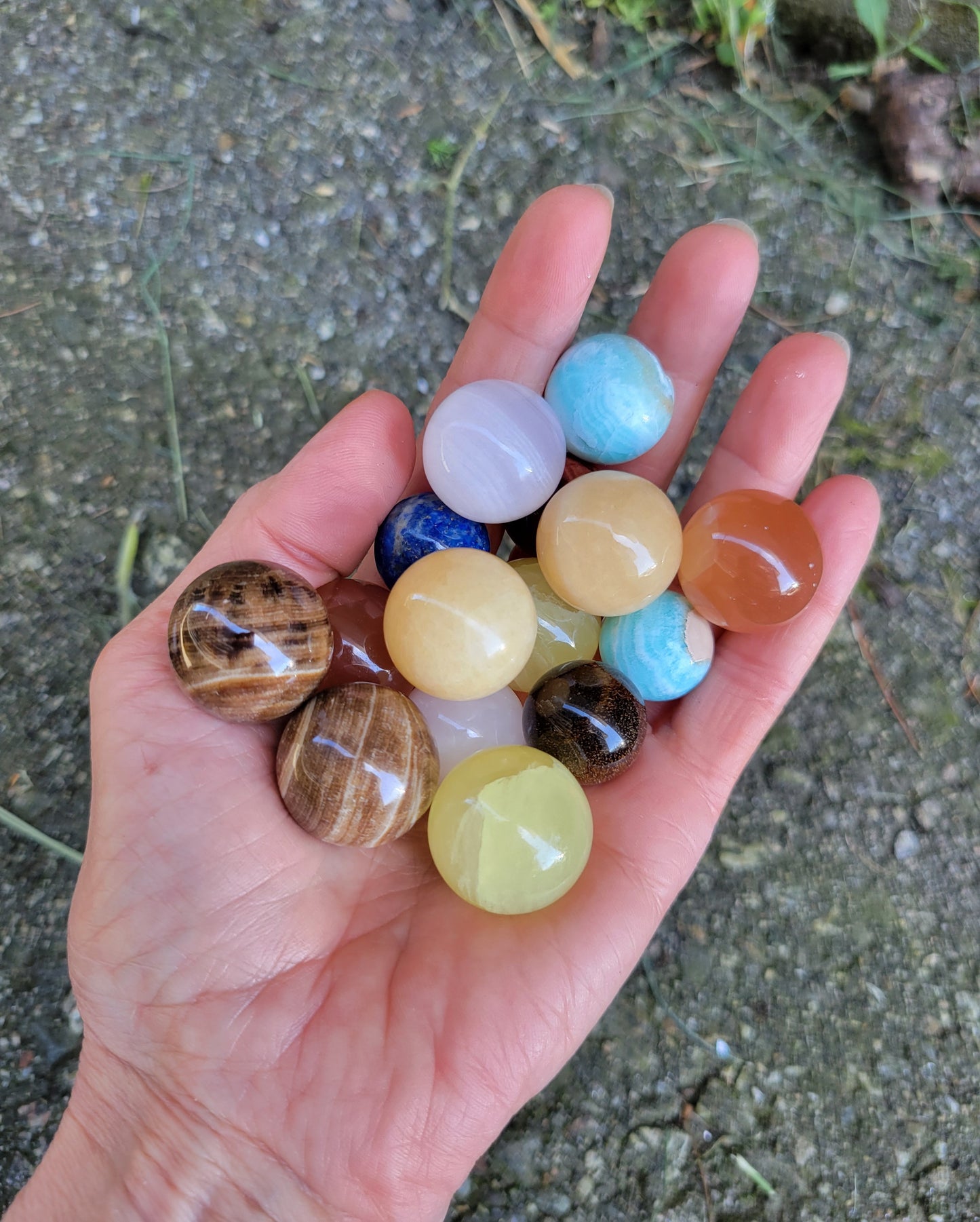 Marbles! Honey Calcite, Lemon Calcite, Pink Calcite, Orange Calcite, Lapis Lazuli, Red Tiger's Eye, Tiger's Eye, Labradorite