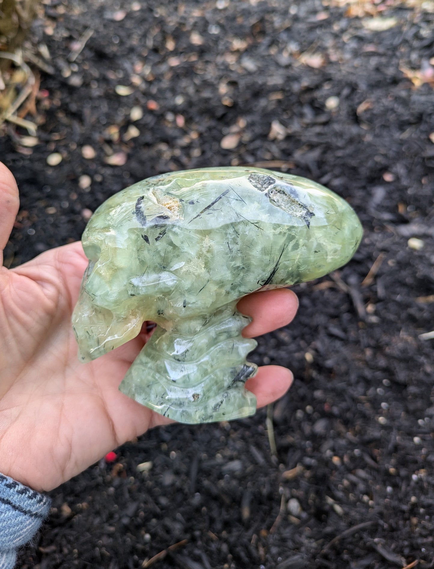 Prehnite with Epidote Alien Skull Carving