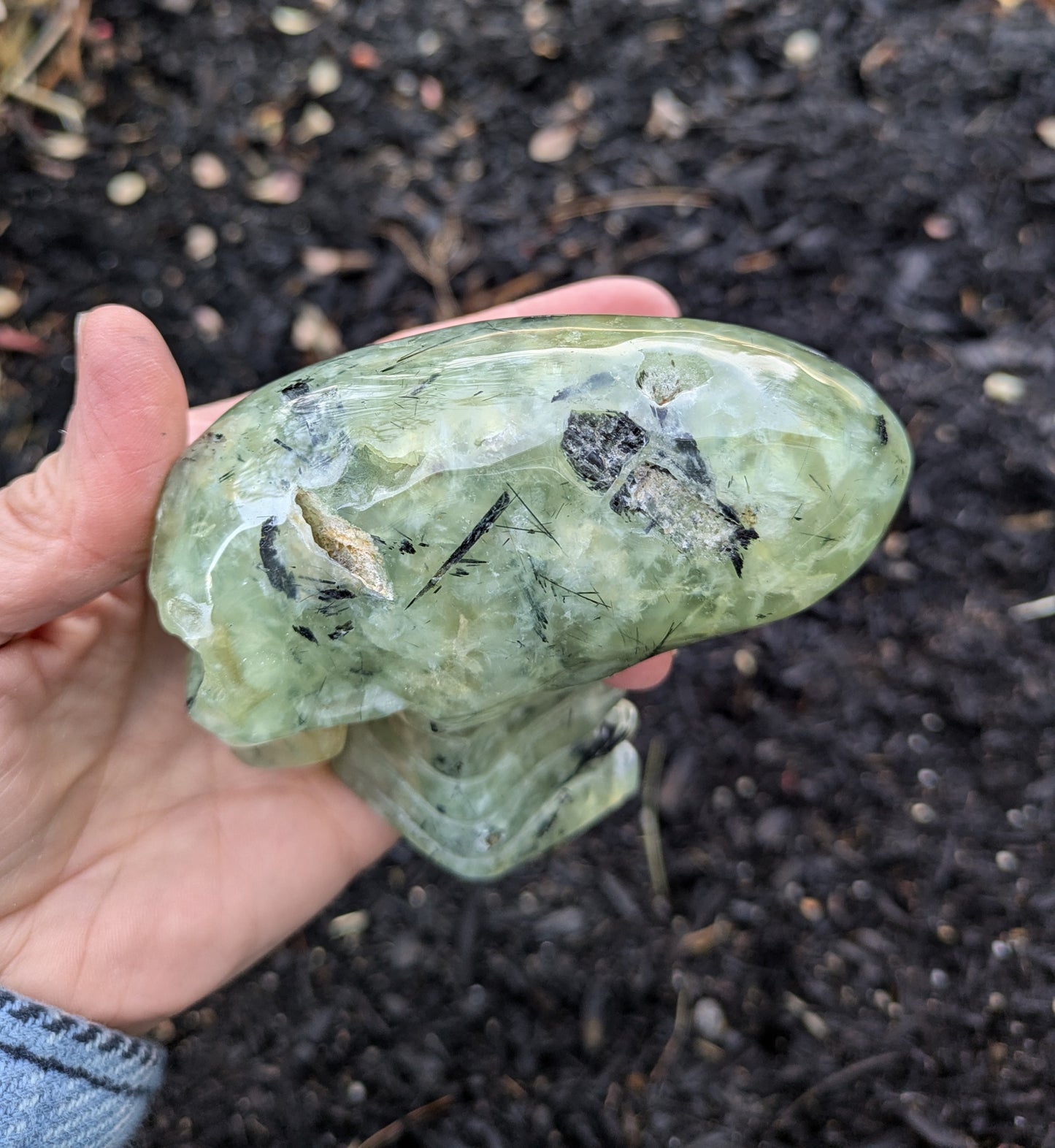 Prehnite with Epidote Alien Skull Carving
