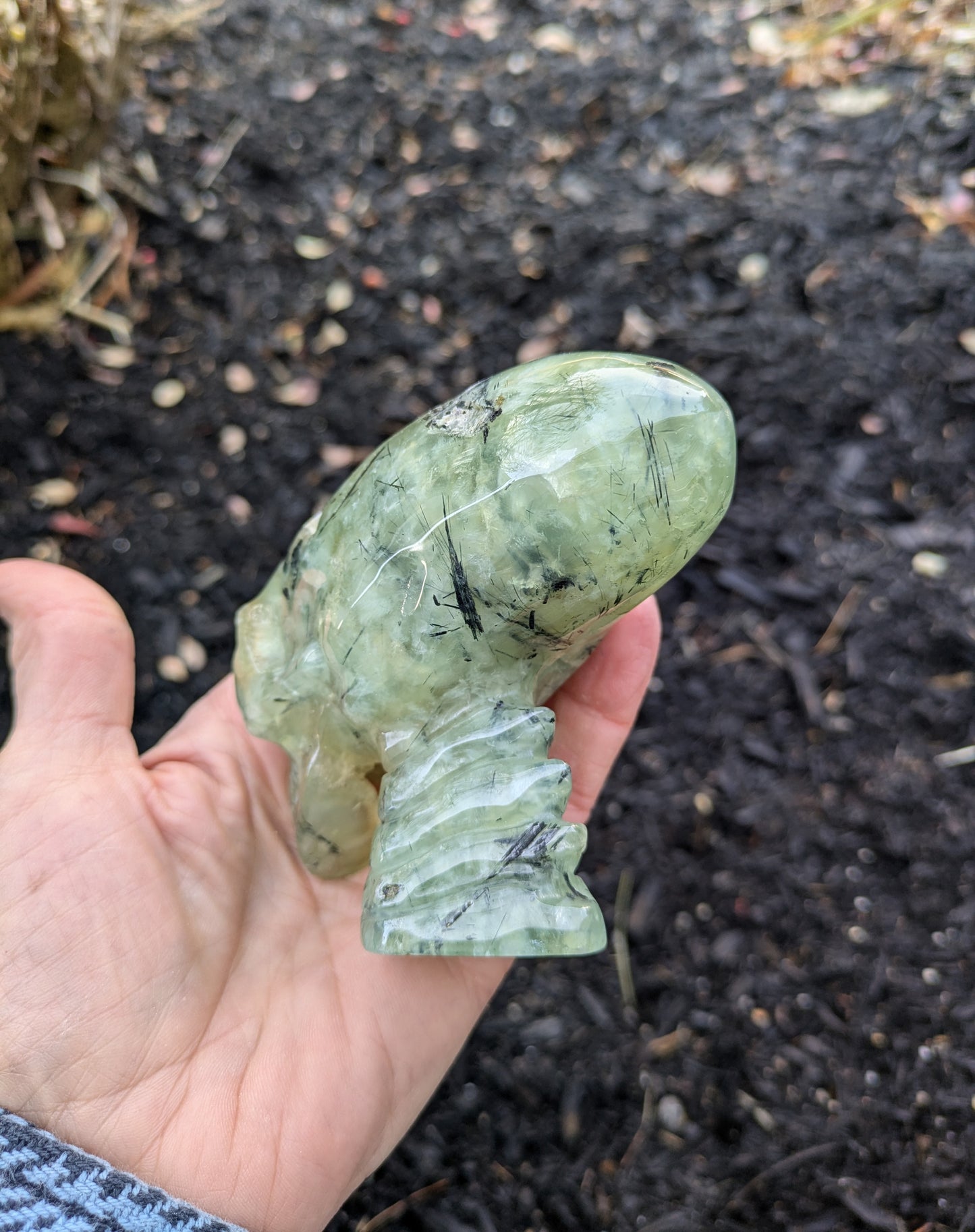 Prehnite with Epidote Alien Skull Carving