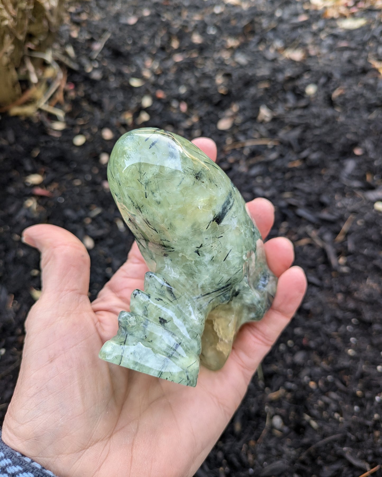 Prehnite with Epidote Alien Skull Carving
