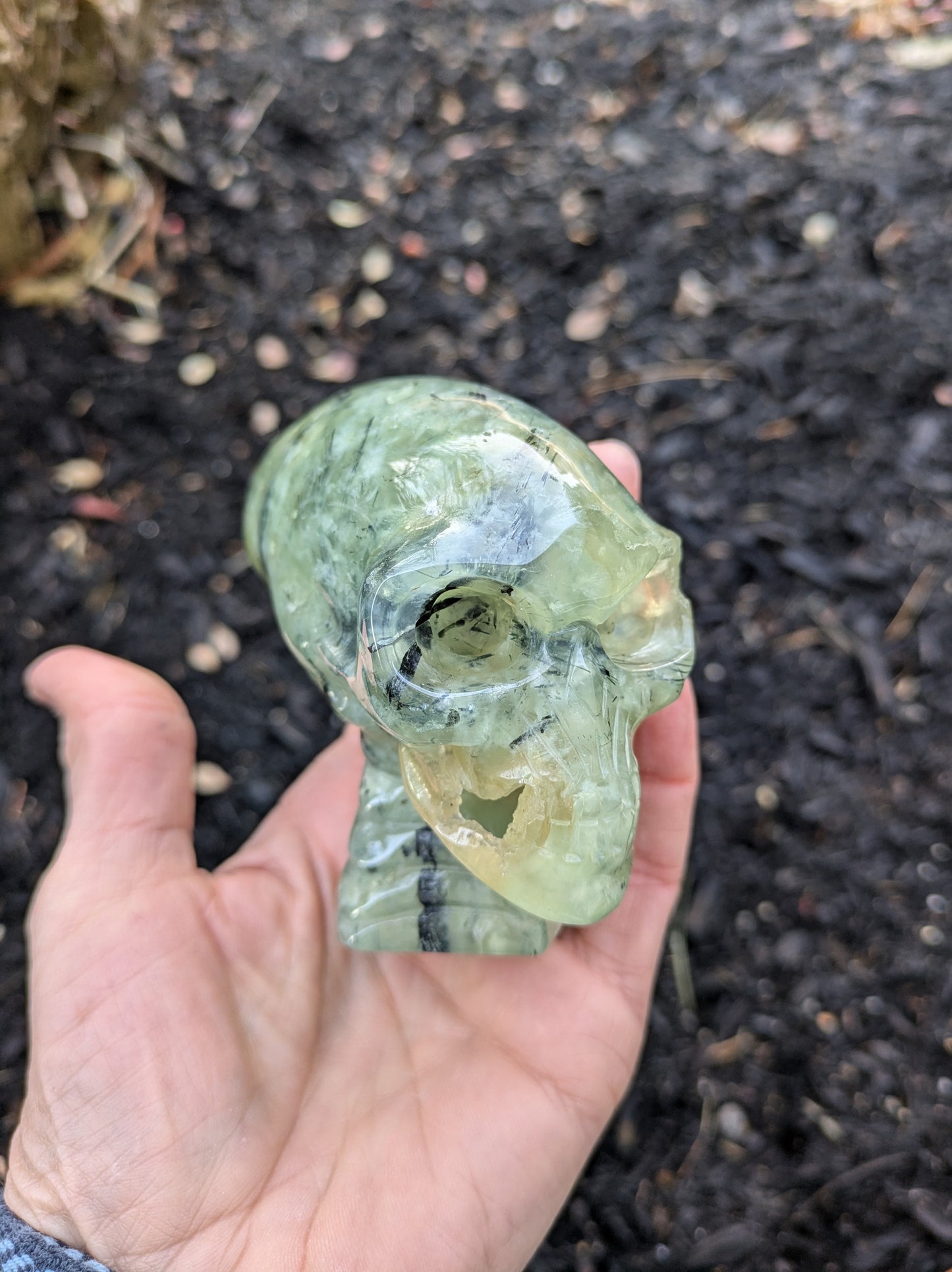 Prehnite with Epidote Alien Skull Carving