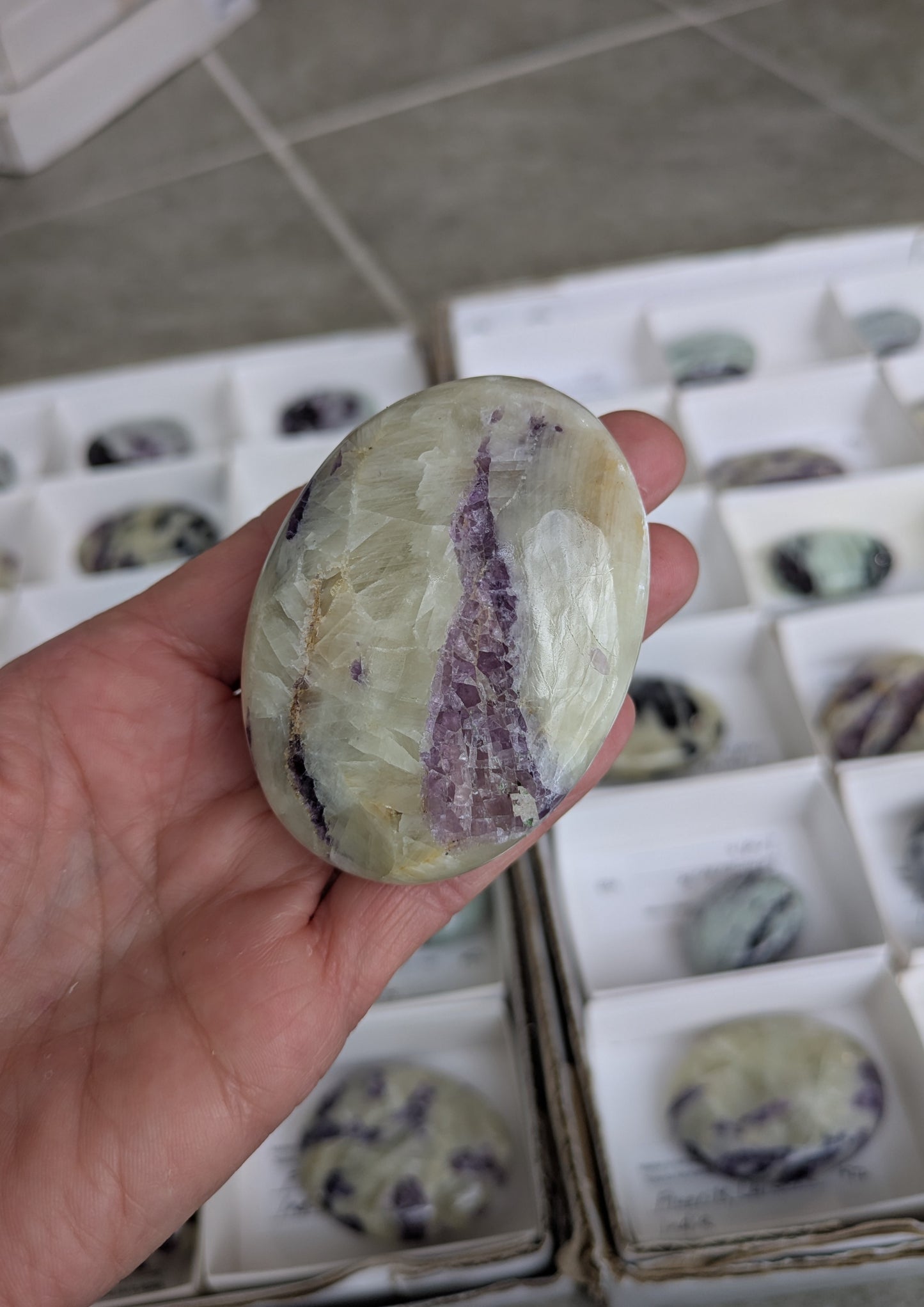 Fluorite in Calcite Palm Stone from India