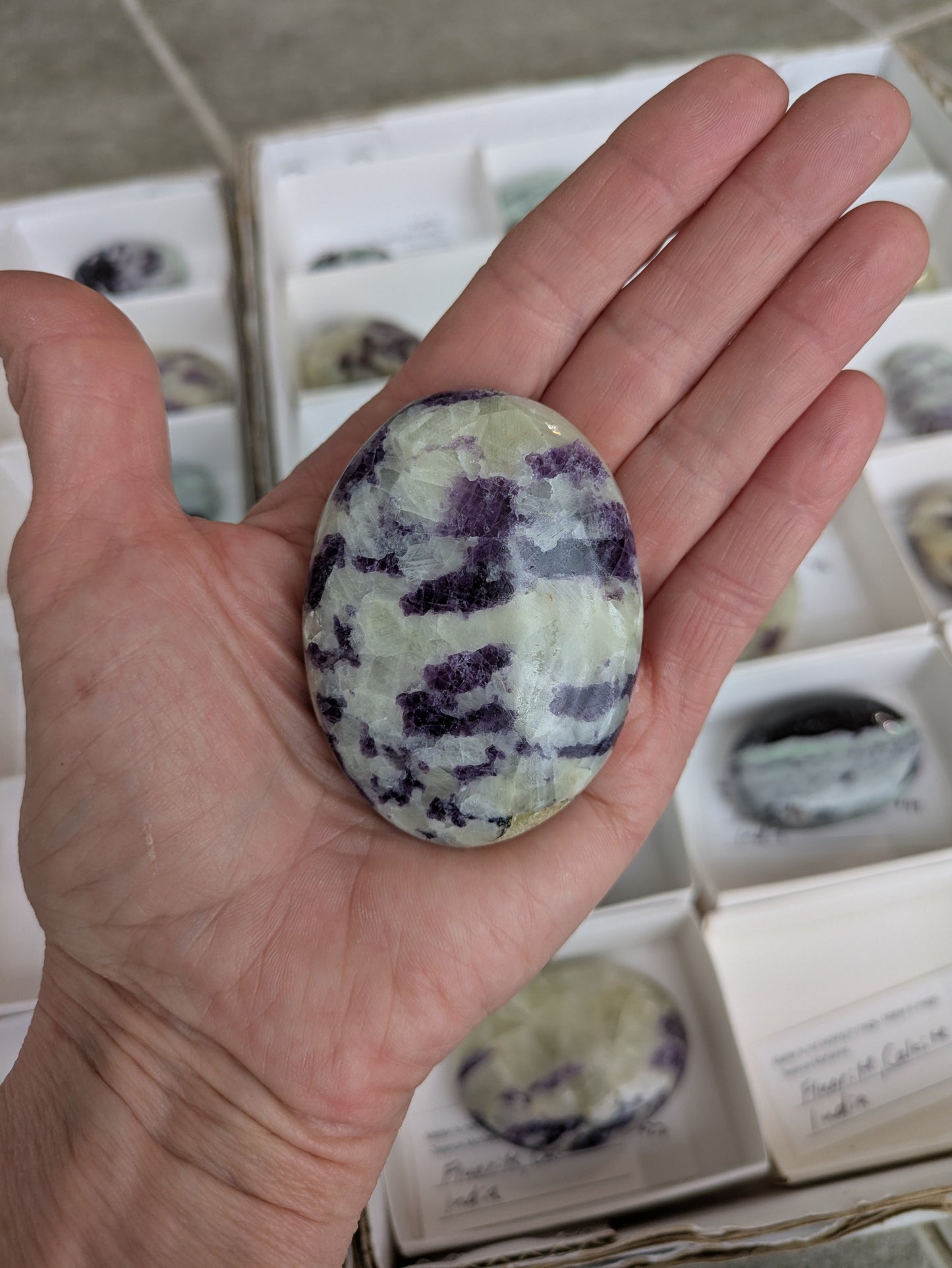 Fluorite in Calcite Palm Stone from India