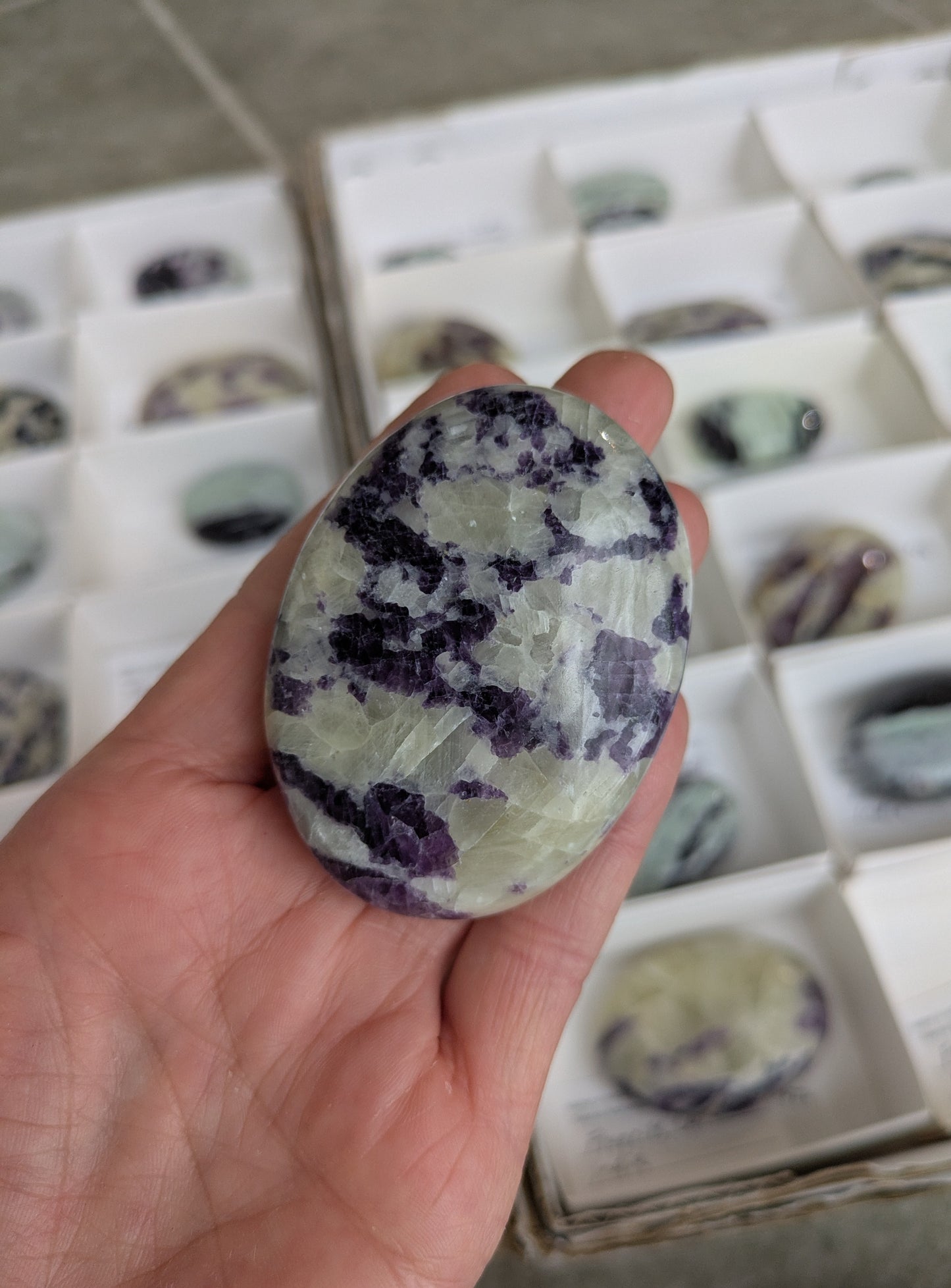 Fluorite in Calcite Palm Stone from India