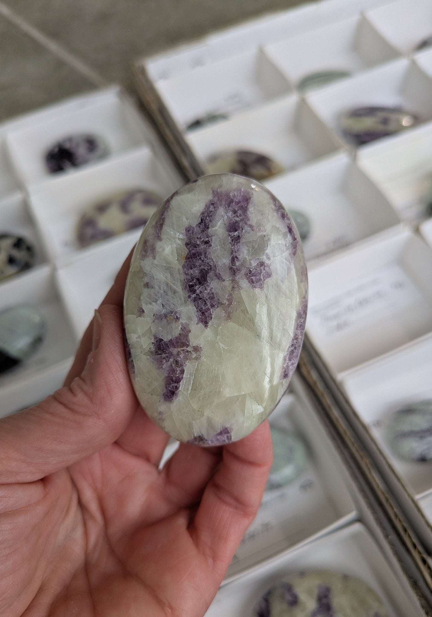Fluorite in Calcite Palm Stone from India