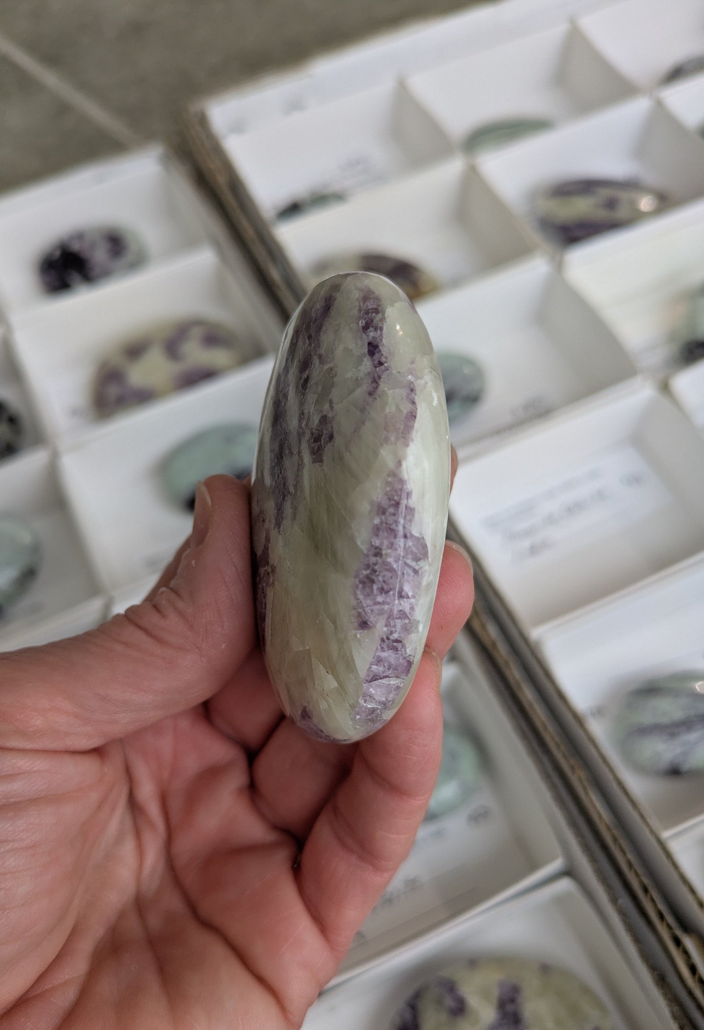 Fluorite in Calcite Palm Stone from India