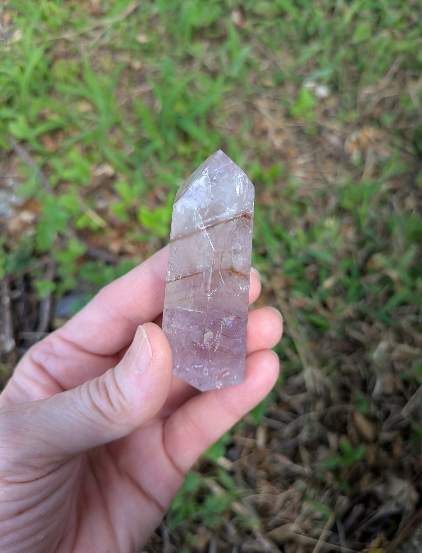 Polished Amethyst Quartz Tower with Powellite and Smokey Phantoms from Minas Gerais, Brazil