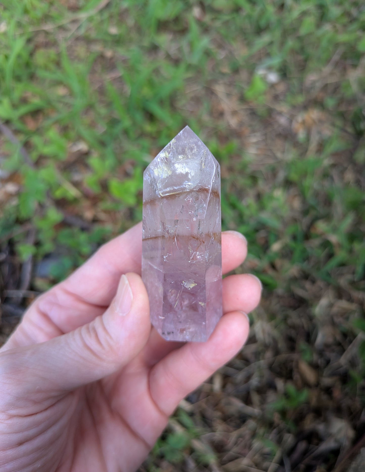 Polished Amethyst Quartz Tower with Powellite and Smokey Phantoms from Minas Gerais, Brazil