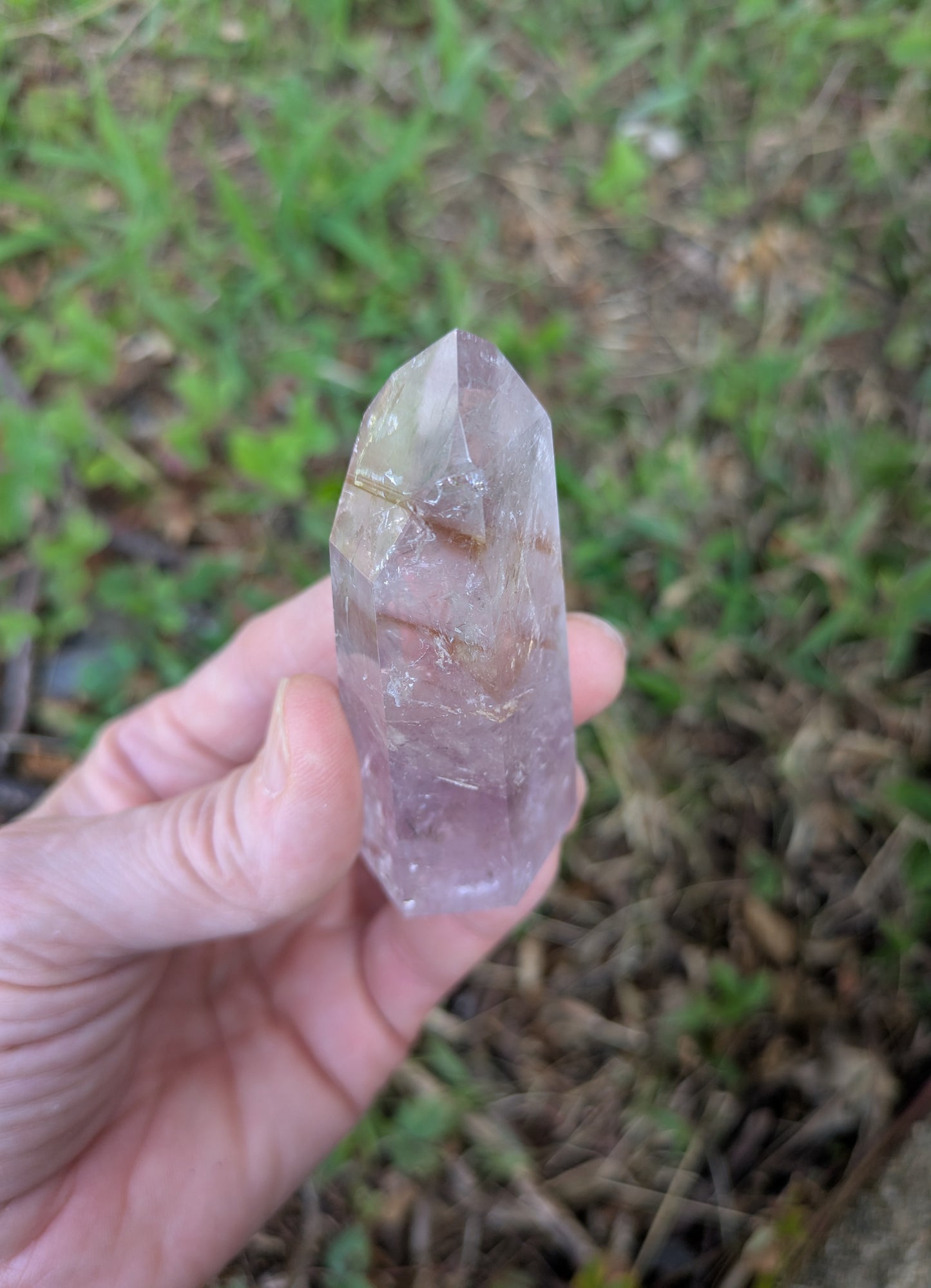 Polished Amethyst Quartz Tower with Powellite and Smokey Phantoms from Minas Gerais, Brazil