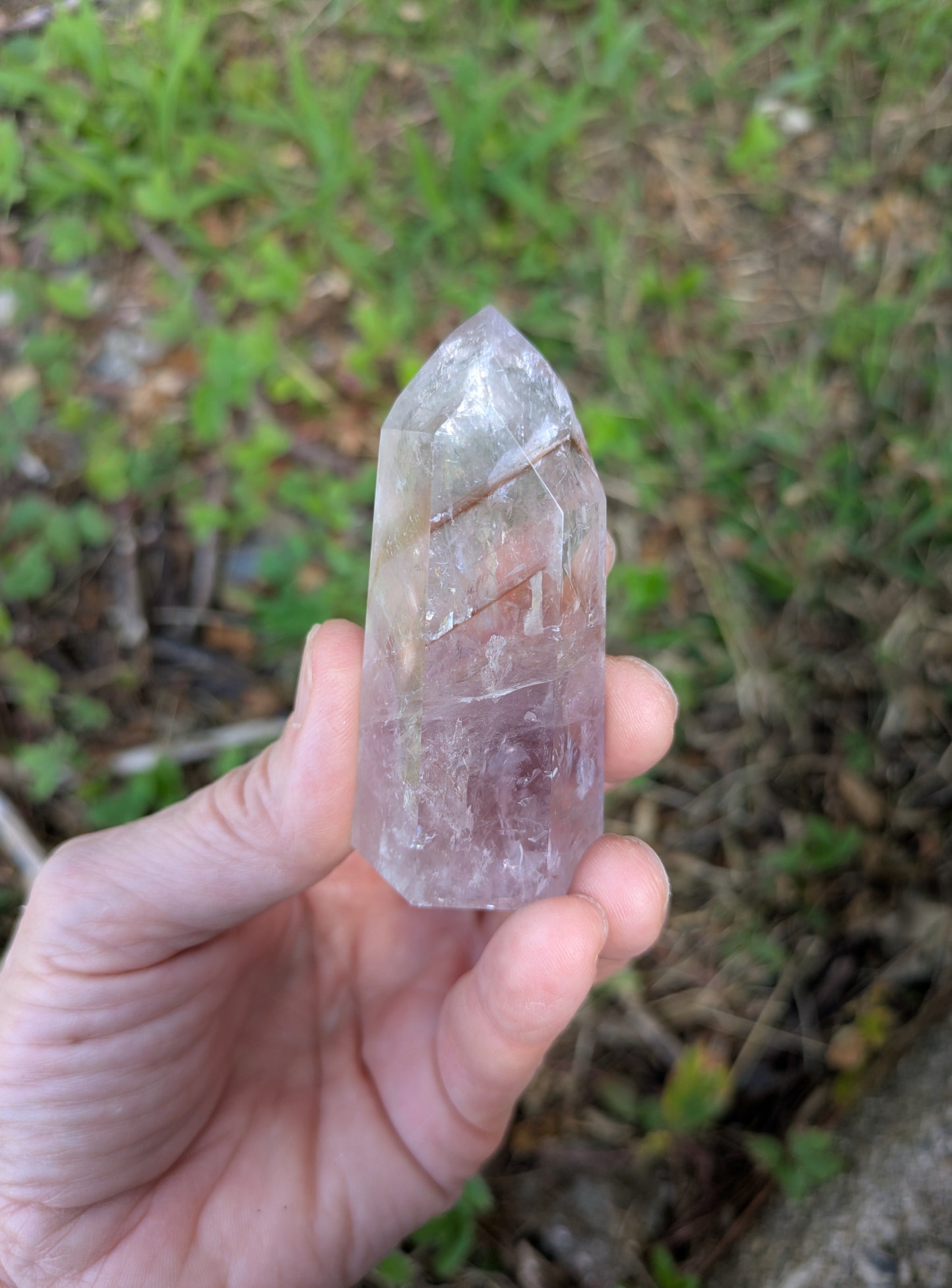 Polished Amethyst Quartz Tower with Powellite and Smokey Phantoms from Minas Gerais, Brazil