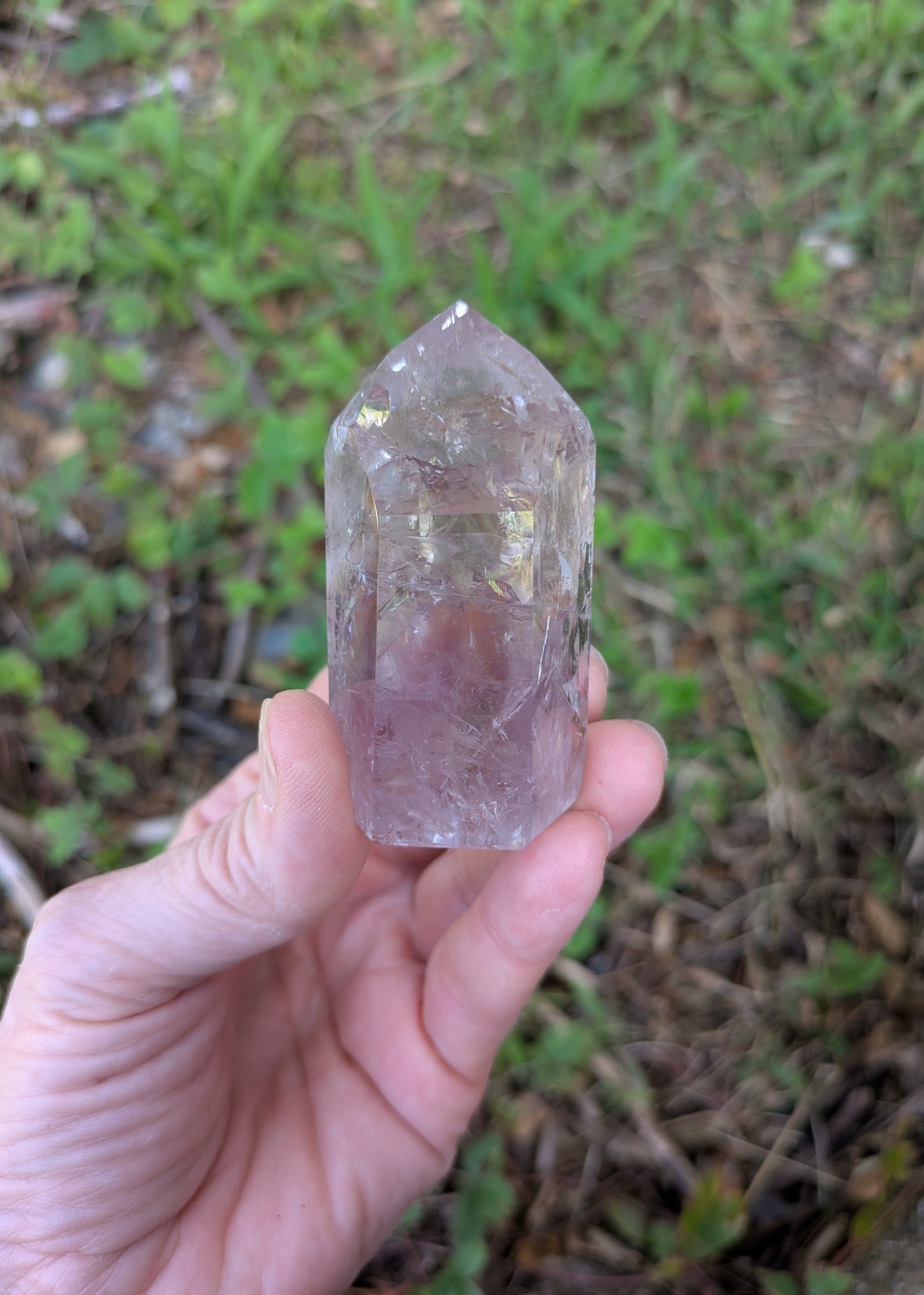 Polished Amethyst Quartz Tower with Powellite and Smokey Phantoms from Minas Gerais, Brazil