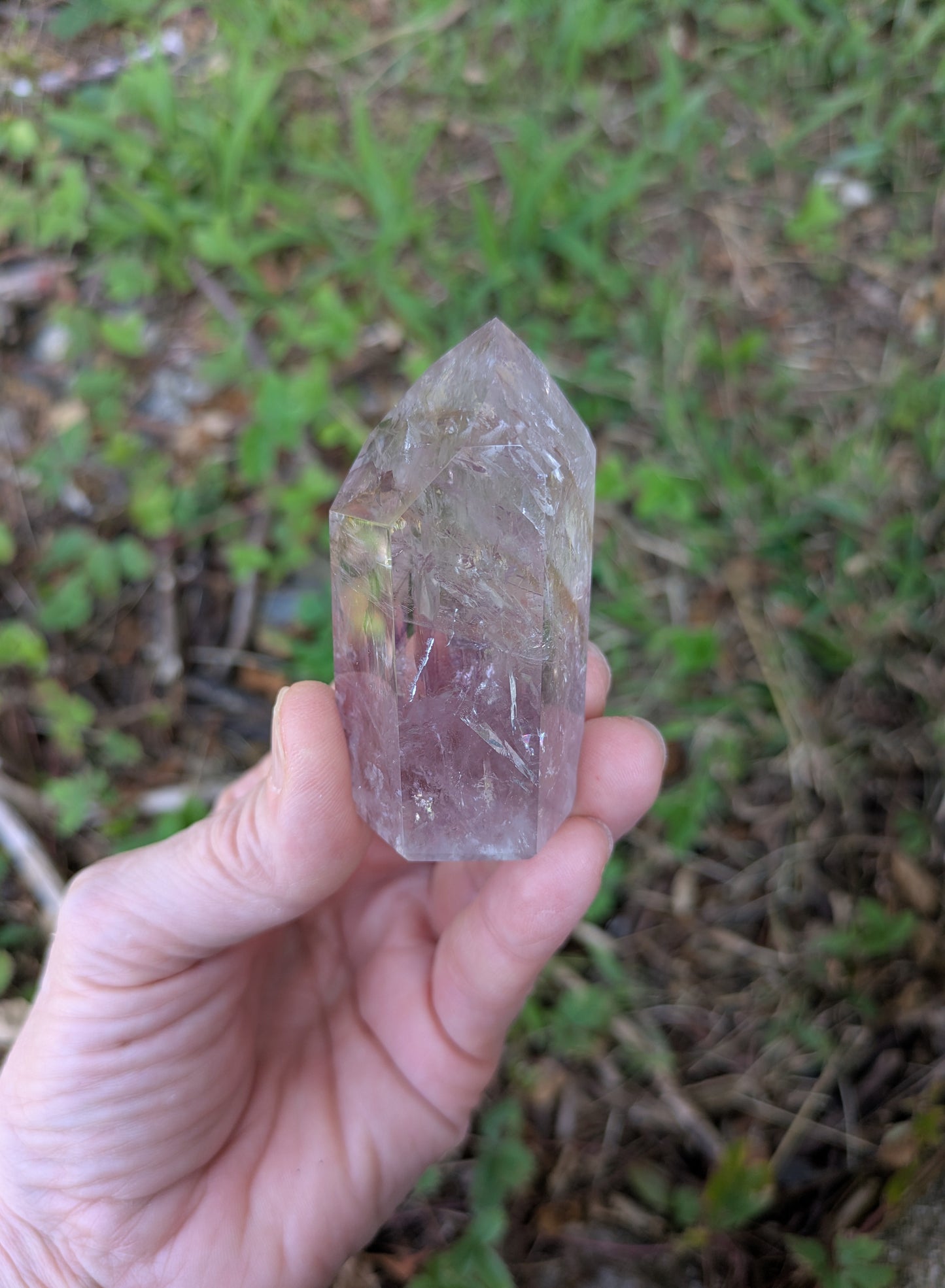 Polished Amethyst Quartz Tower with Powellite and Smokey Phantoms from Minas Gerais, Brazil