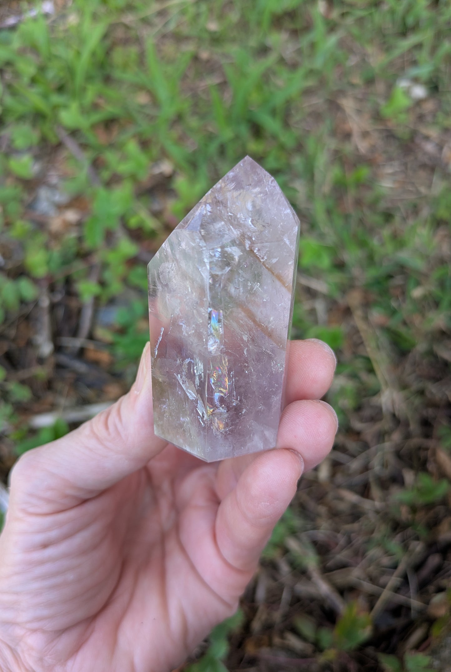 Polished Amethyst Quartz Tower with Powellite and Smokey Phantoms from Minas Gerais, Brazil