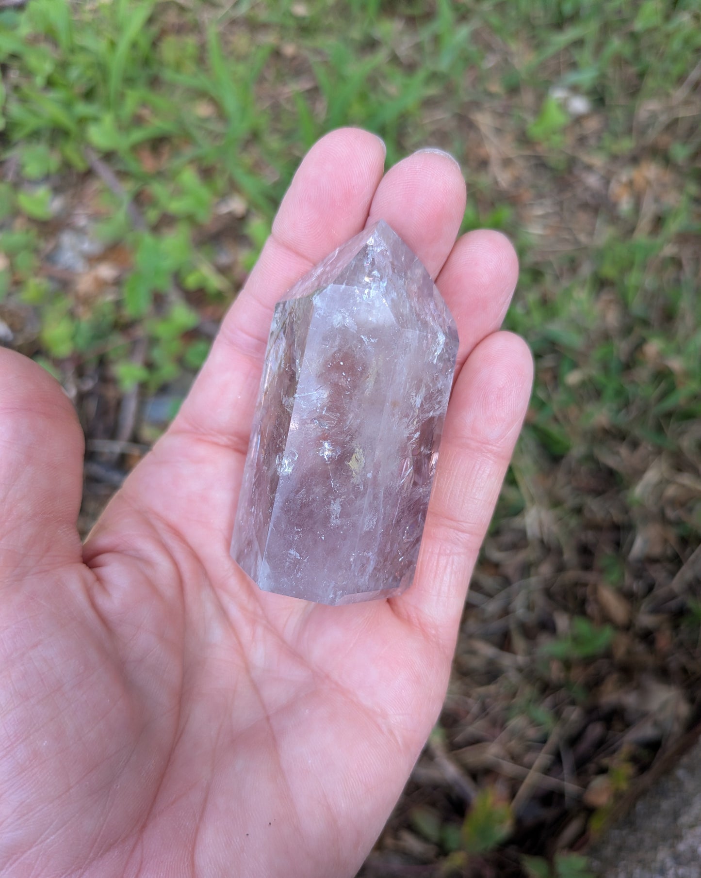 Polished Amethyst Quartz Tower with Powellite and Smokey Phantoms from Minas Gerais, Brazil