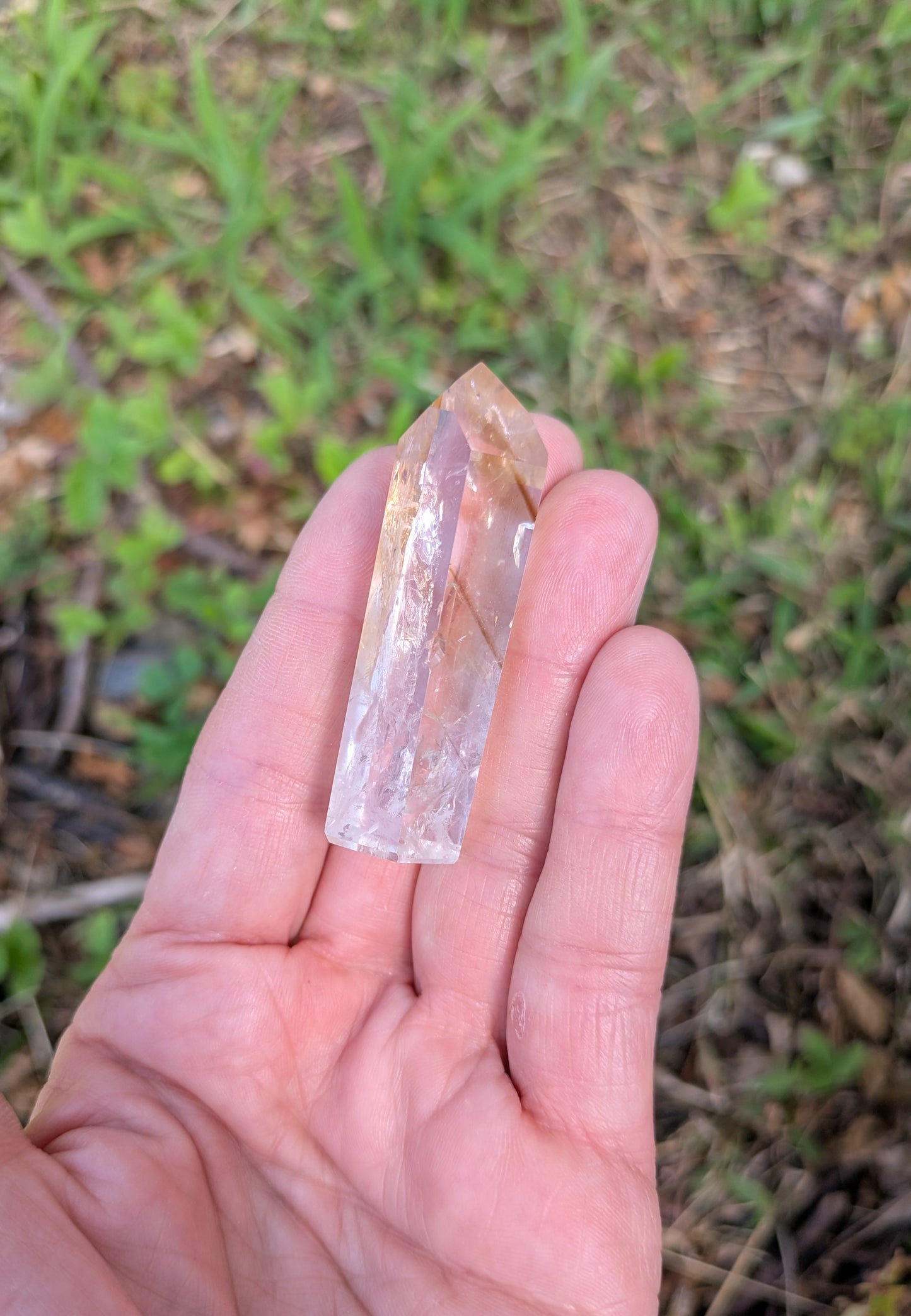 Polished Quartz Tower with Powellite and Smokey Phantoms from Minas Gerais, Brazil