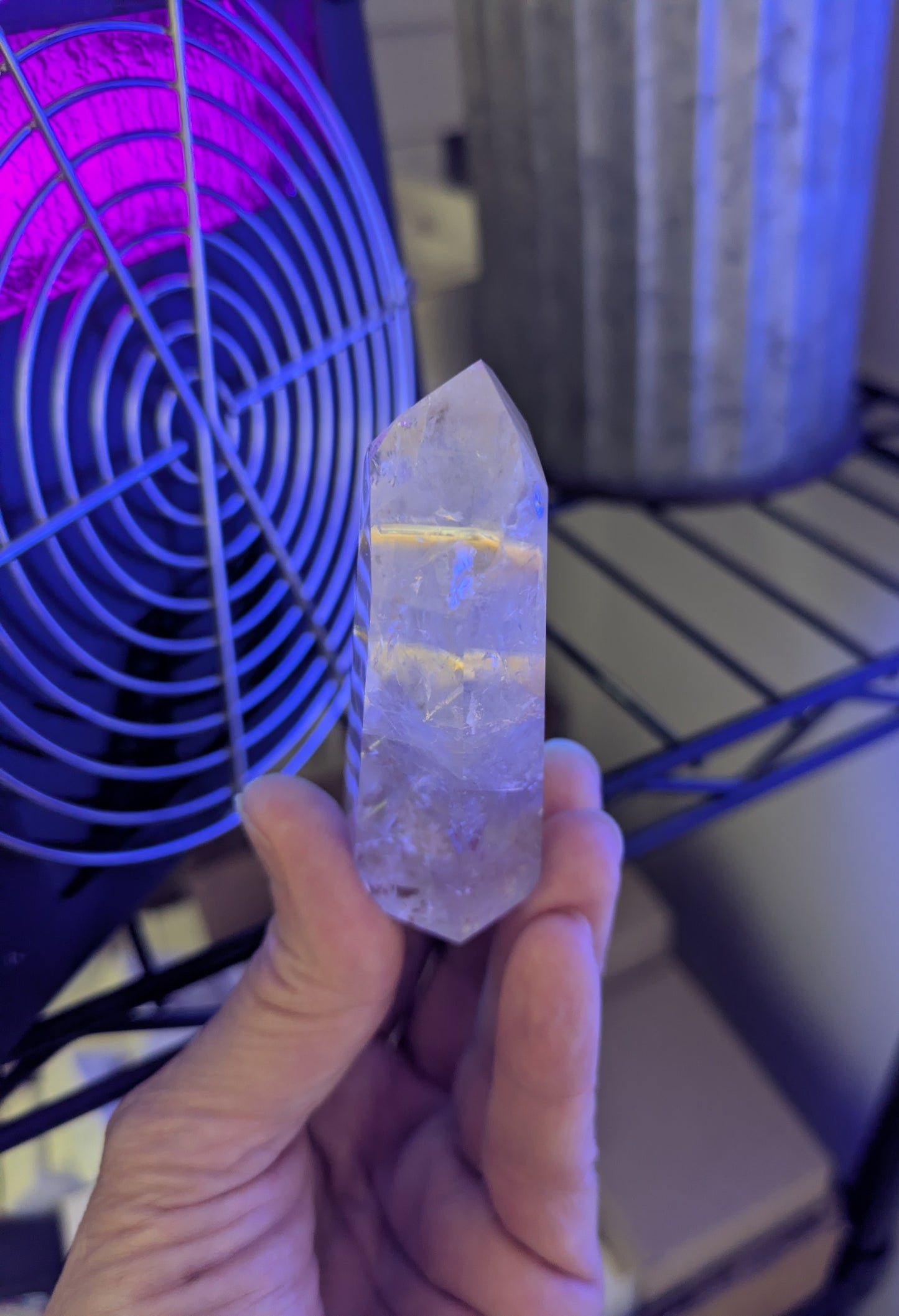 Polished Amethyst Quartz Tower with Powellite and Smokey Phantoms from Minas Gerais, Brazil