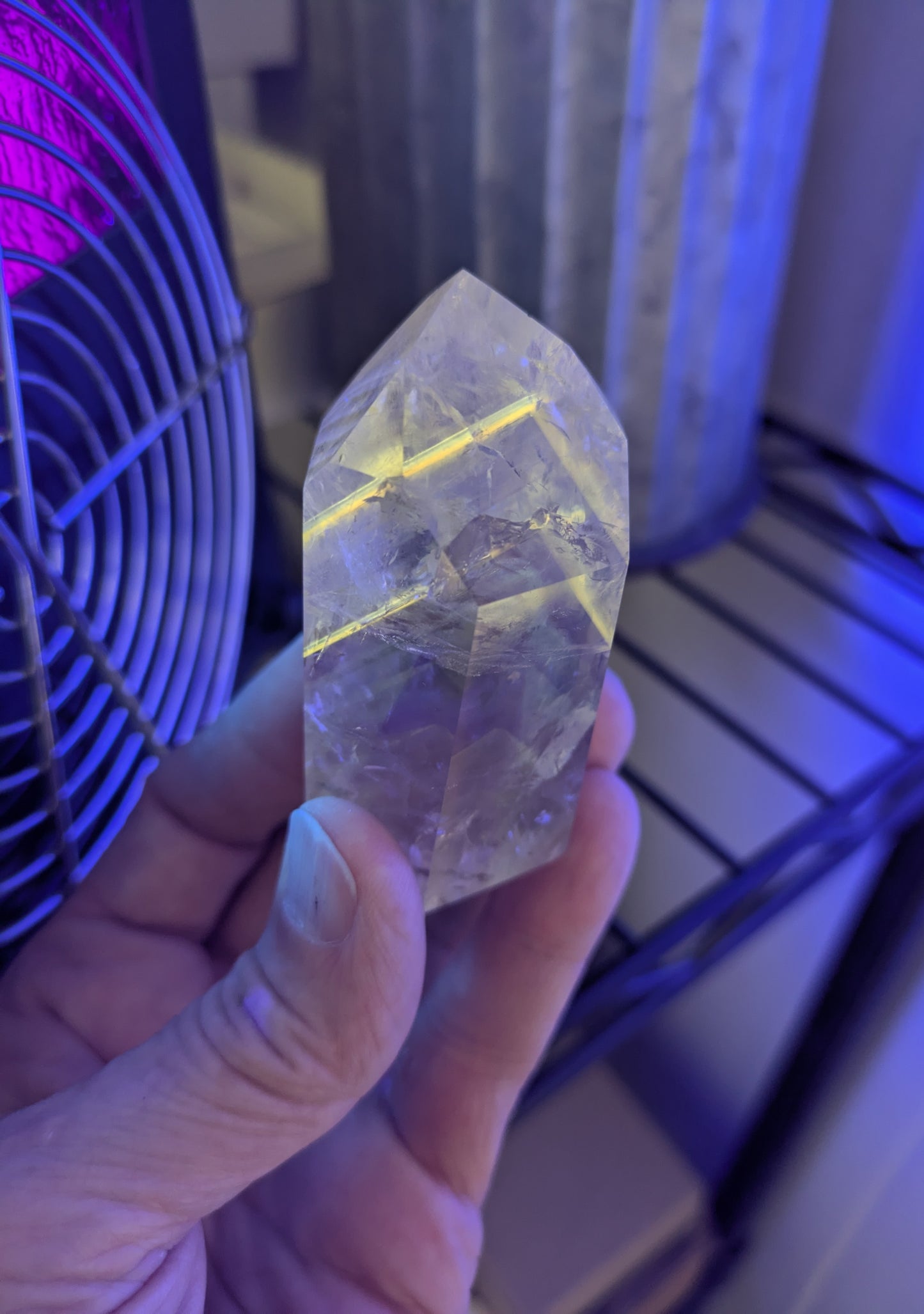 Polished Amethyst Quartz Tower with Powellite and Smokey Phantoms from Minas Gerais, Brazil
