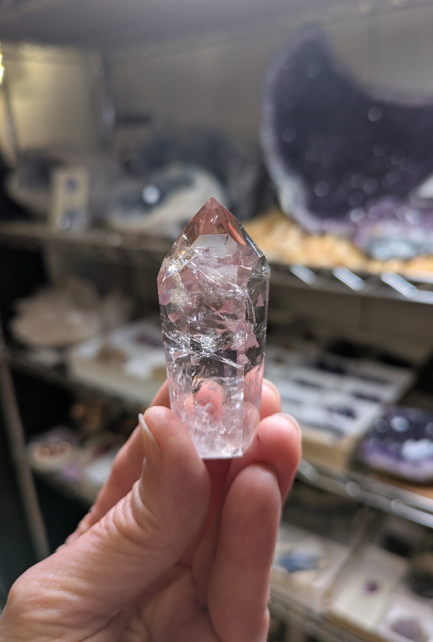 Polished Amethyst Quartz Tower with Powellite and Smokey Phantoms from Minas Gerais, Brazil
