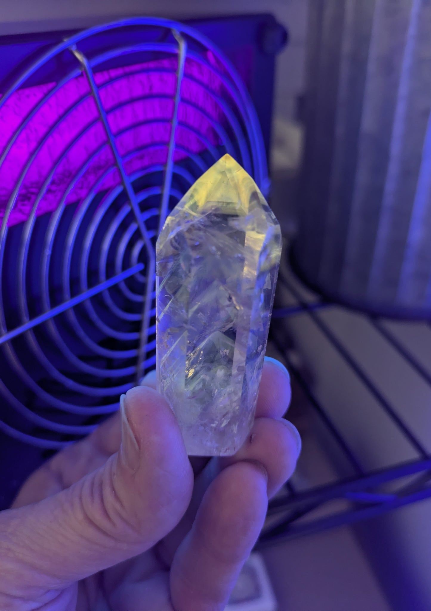 Polished Amethyst Quartz Tower with Powellite and Smokey Phantoms from Minas Gerais, Brazil