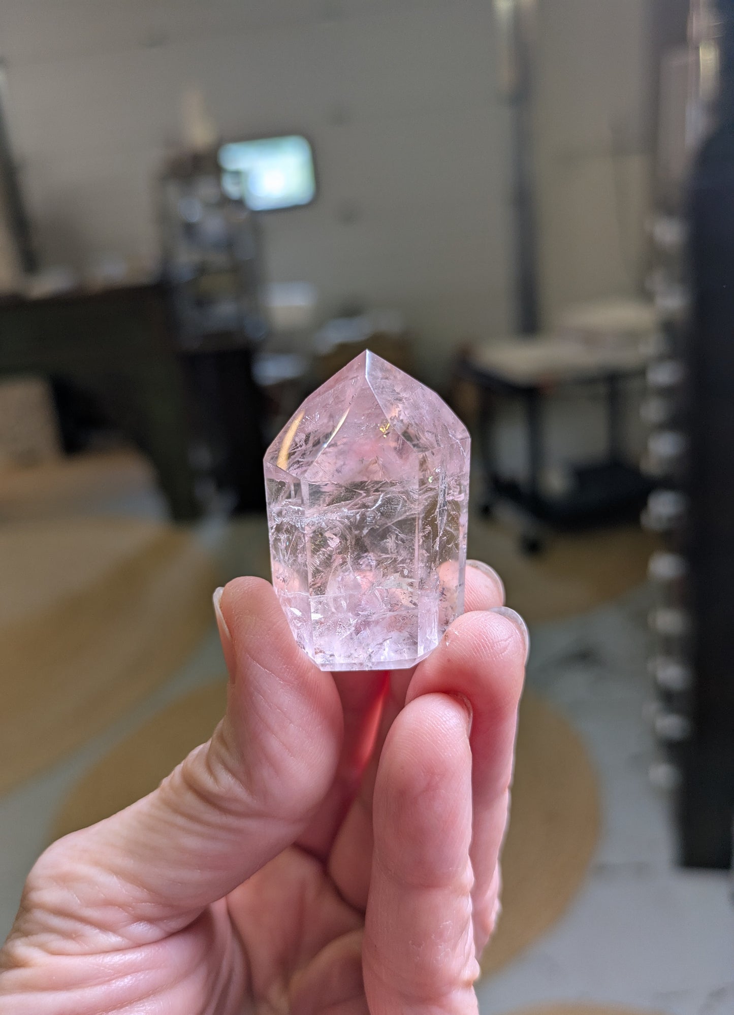 Polished Quartz Tower with Powellite and Smokey Phantoms from Minas Gerais, Brazil