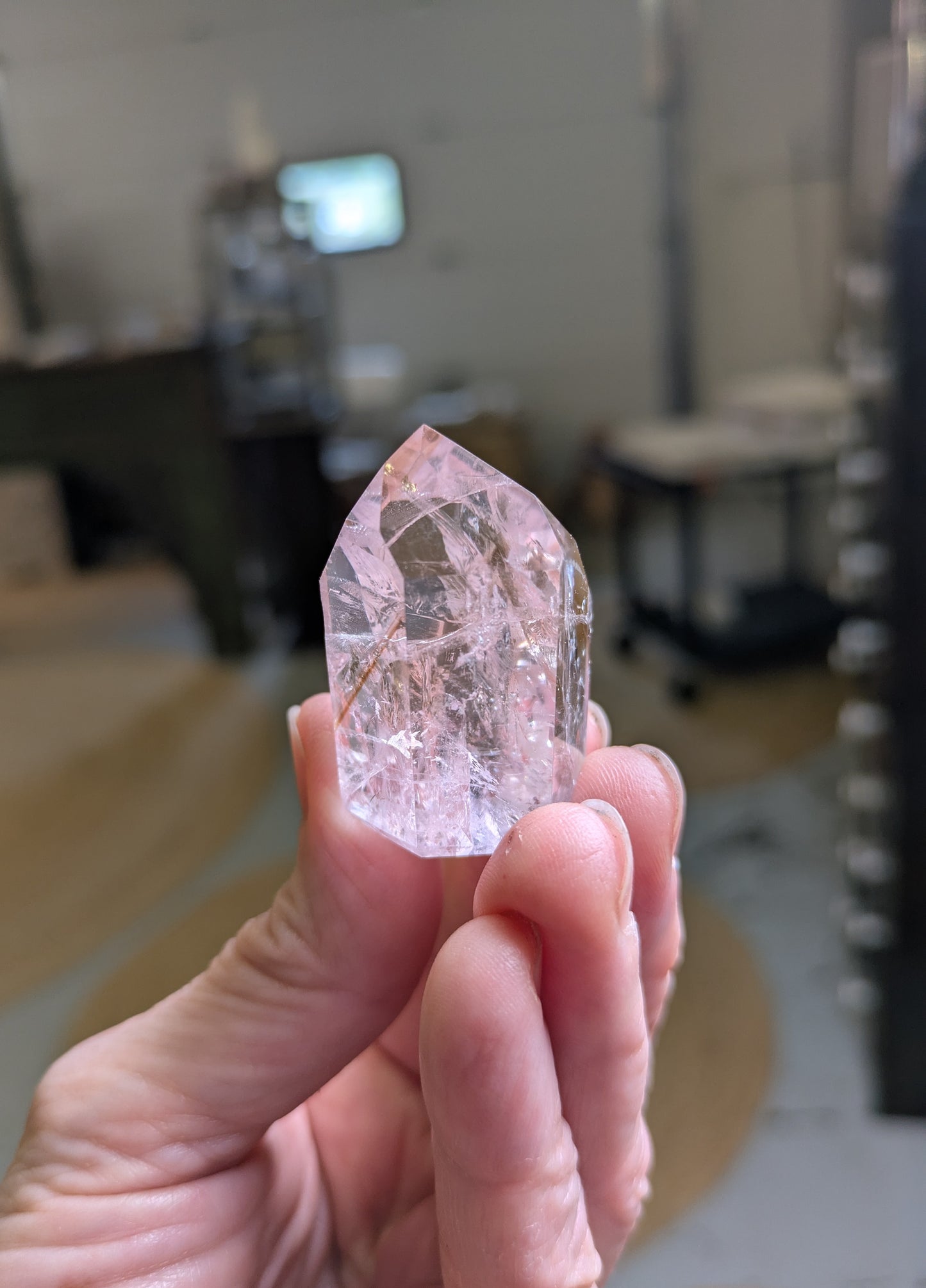 Polished Quartz Tower with Powellite and Smokey Phantoms from Minas Gerais, Brazil