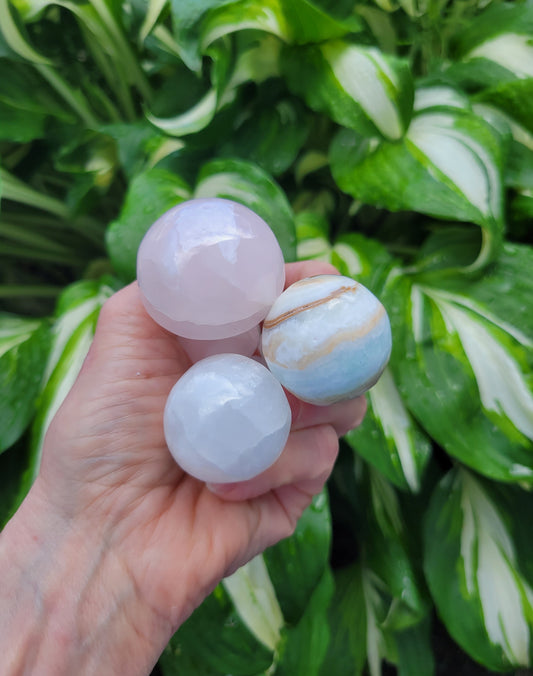 Mushroom SET Carved and Polished in Pakistan - Blue Aragonite, Pink Calcite, White Calcite (pink: 1 3/4 inches high, blue 2 1/8 inches high, white: 2 1/2 inches high)