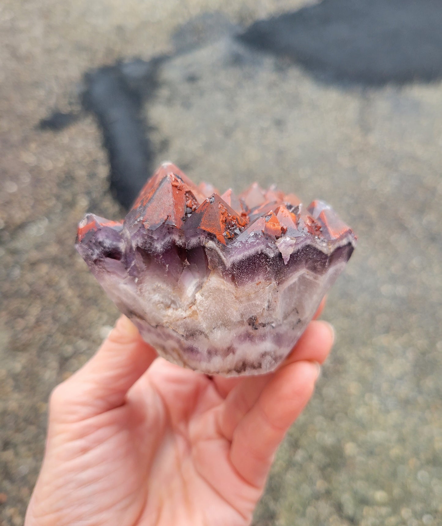 Red Capped Amethyst from India (W 3 3/8 X L 2 7/8 X H 2 inches)