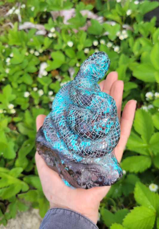 Chrysocolla and Red Hematite Snake Carving from Peru
