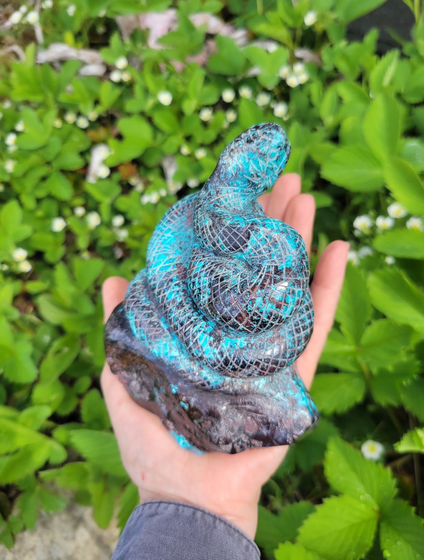 Chrysocolla and Red Hematite Snake Carving from Peru