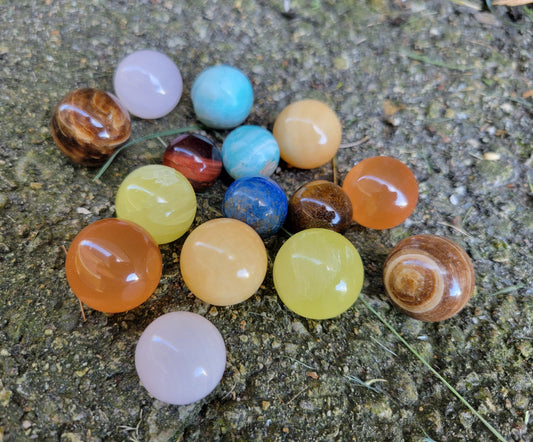 Marbles! Honey Calcite, Lemon Calcite, Pink Calcite, Orange Calcite, Lapis Lazuli, Red Tiger's Eye, Tiger's Eye, Labradorite