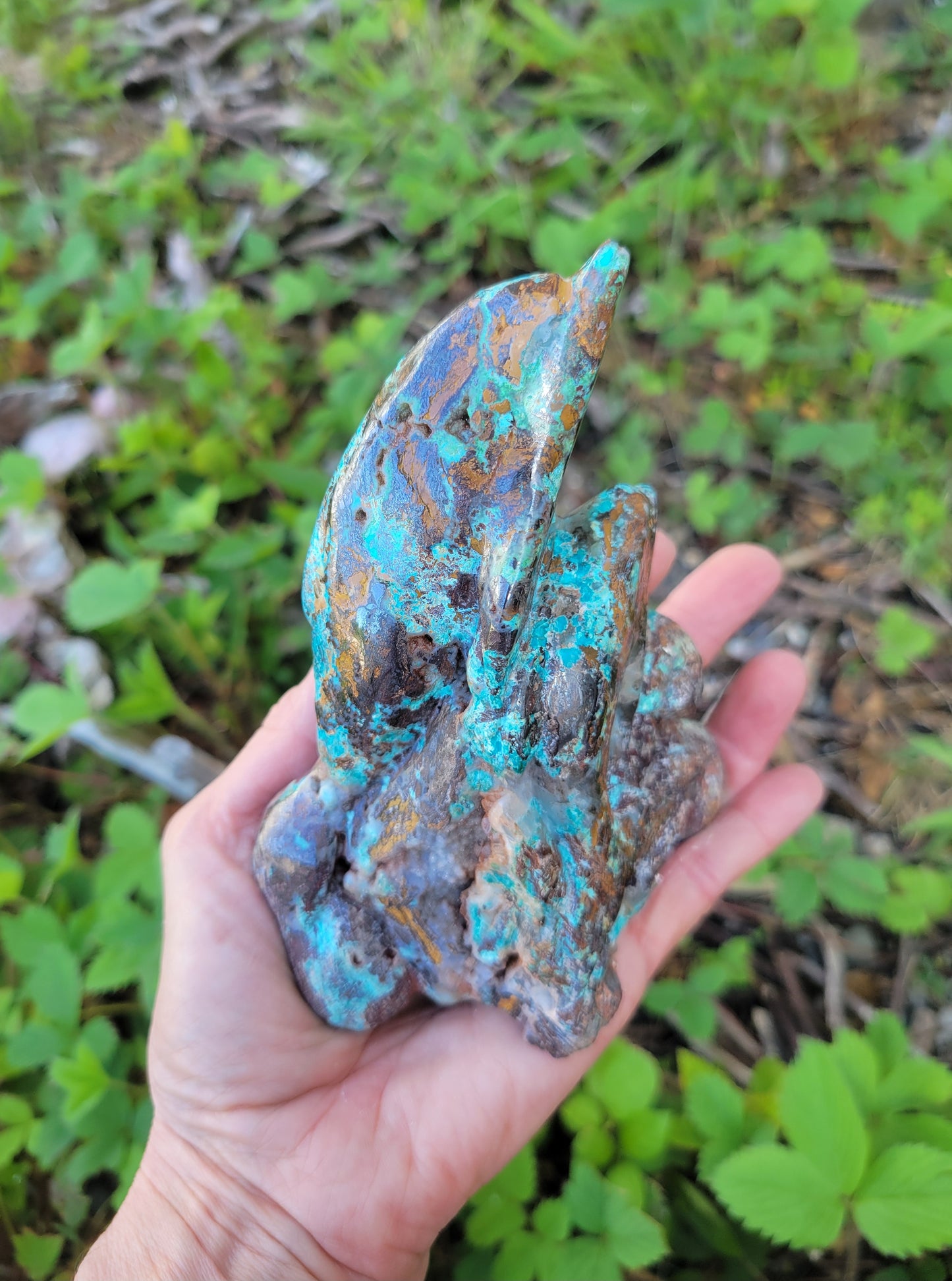 Chrysocolla and Red Hematite Dolphin Carving from Peru