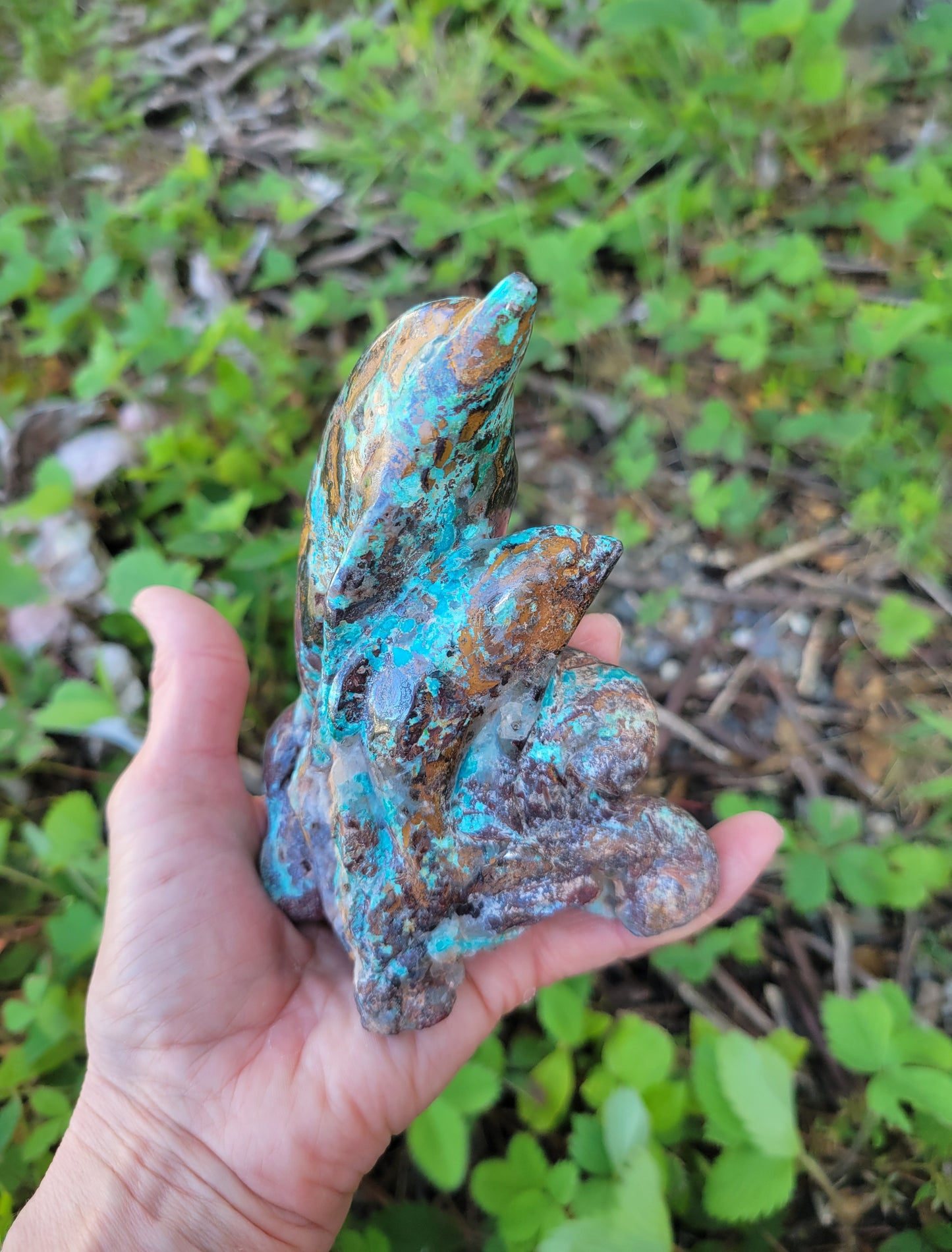 Chrysocolla and Red Hematite Dolphin Carving from Peru