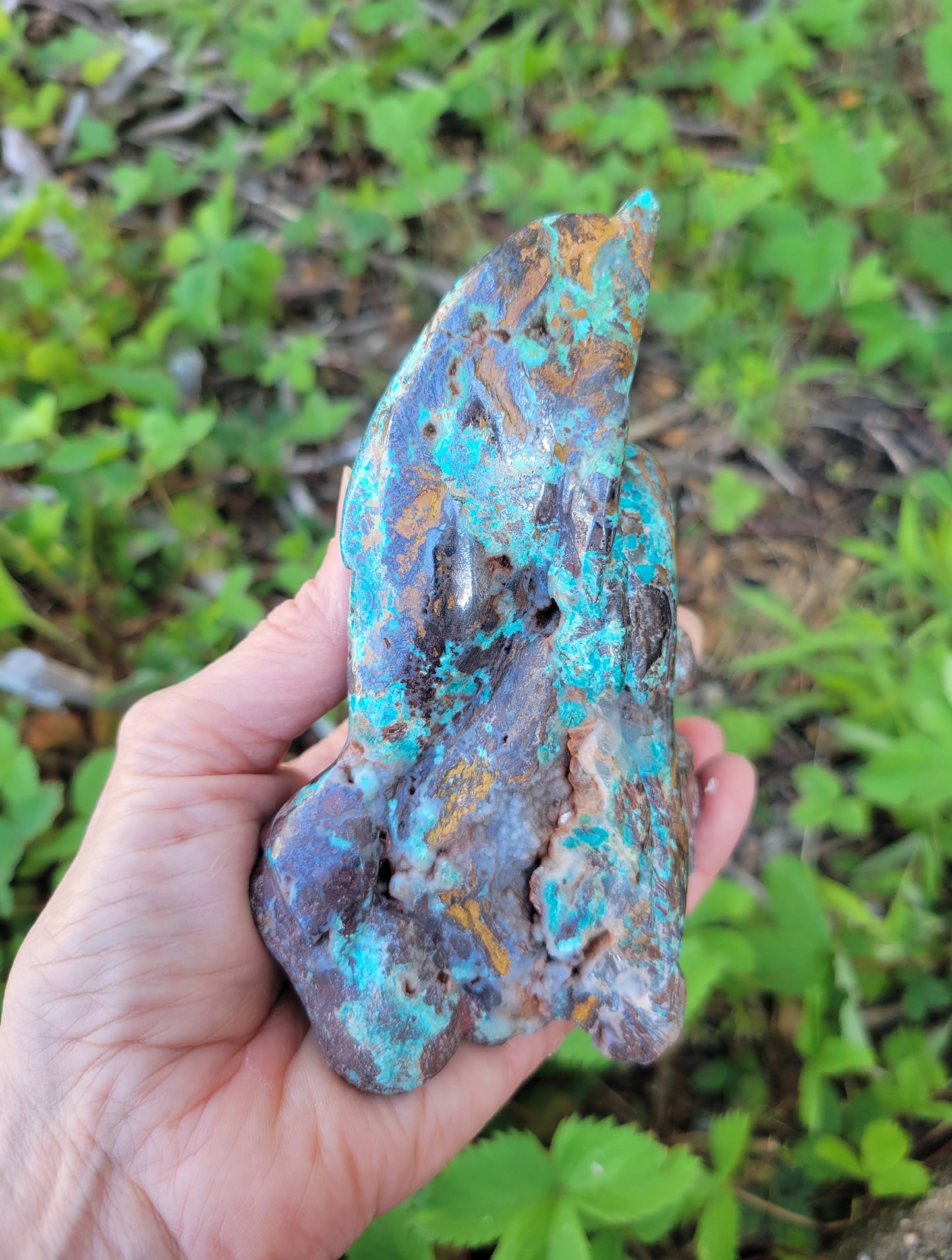 Chrysocolla and Red Hematite Dolphin Carving from Peru