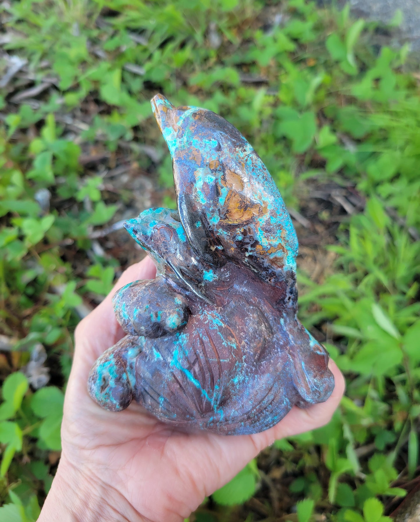 Chrysocolla and Red Hematite Dolphin Carving from Peru