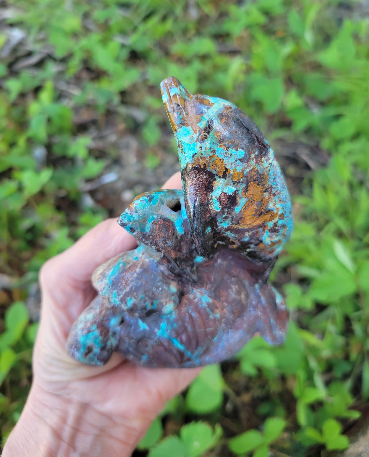 Chrysocolla and Red Hematite Dolphin Carving from Peru