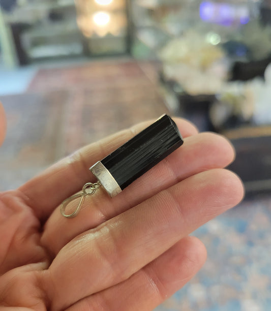 Black Tourmaline and Silver Pendant from Afghanistan