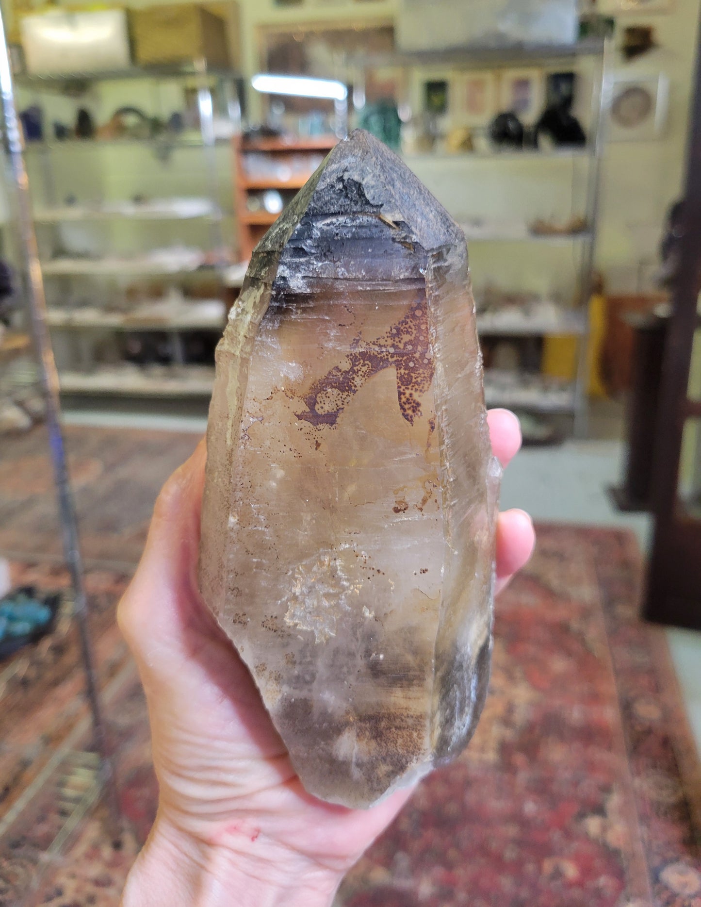 Tourmalinated Smokey Quartz Point with Hematite and Hyalite Opal from Erongo, Namibia