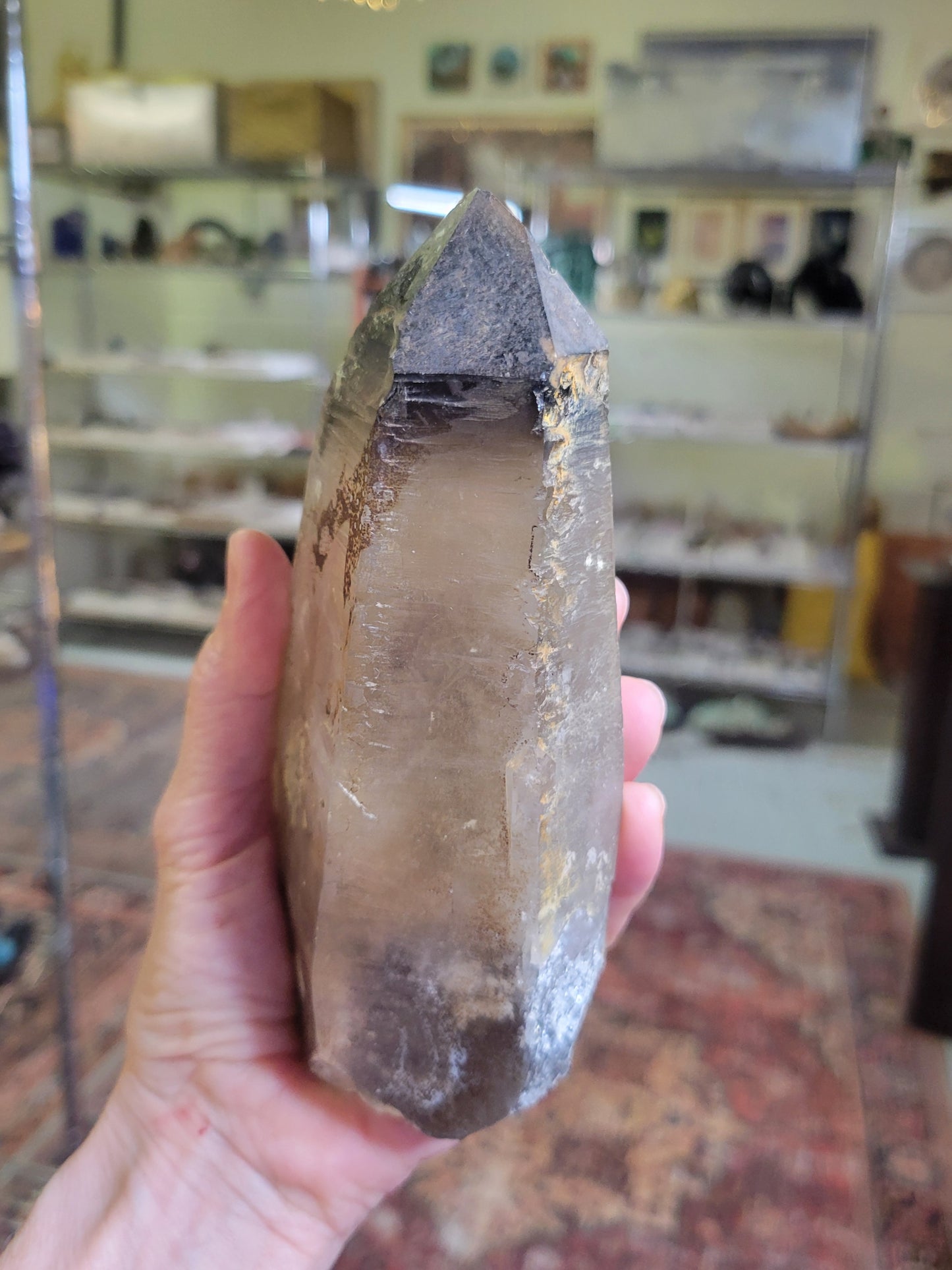 Tourmalinated Smokey Quartz Point with Hematite and Hyalite Opal from Erongo, Namibia