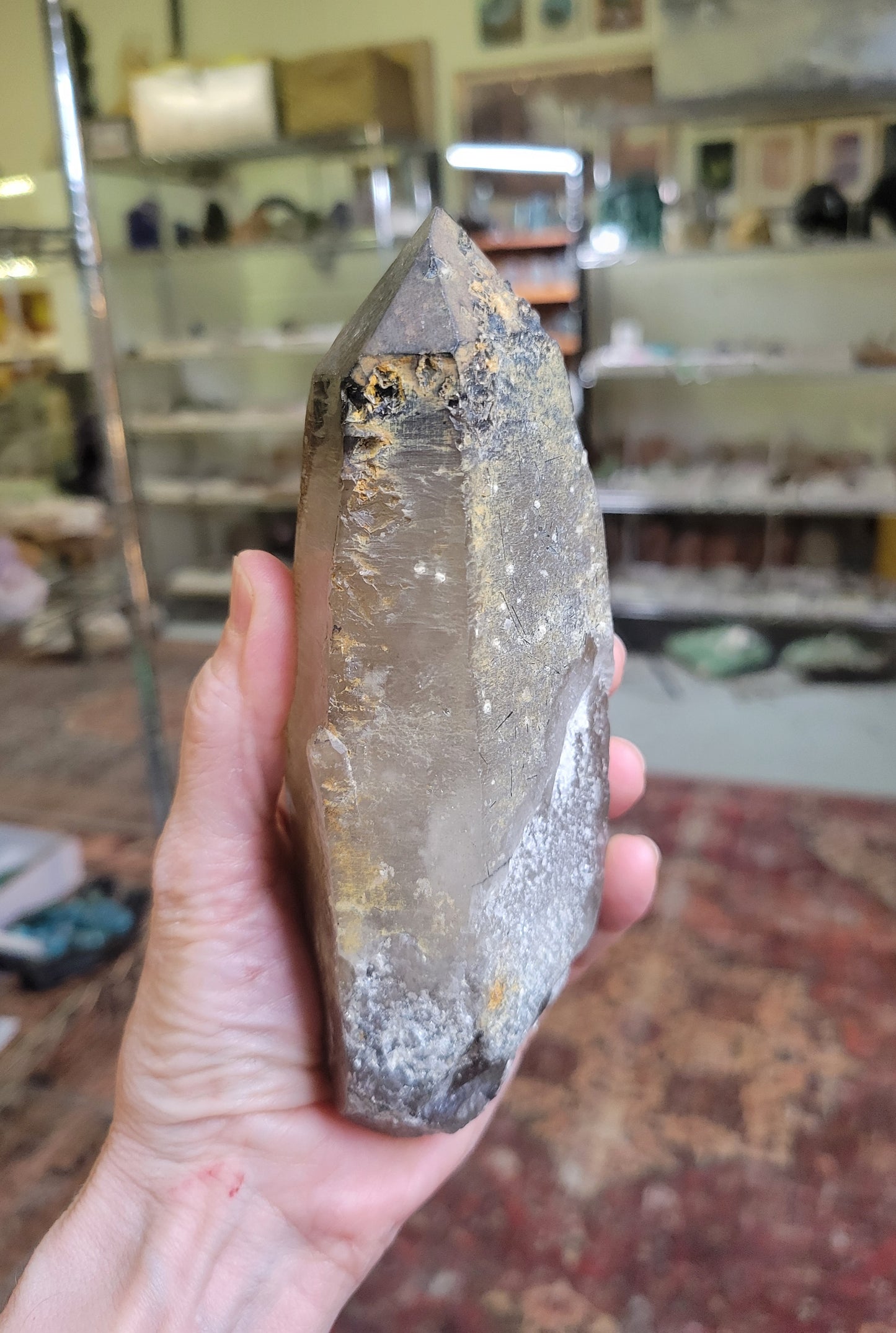 Tourmalinated Smokey Quartz Point with Hematite and Hyalite Opal from Erongo, Namibia