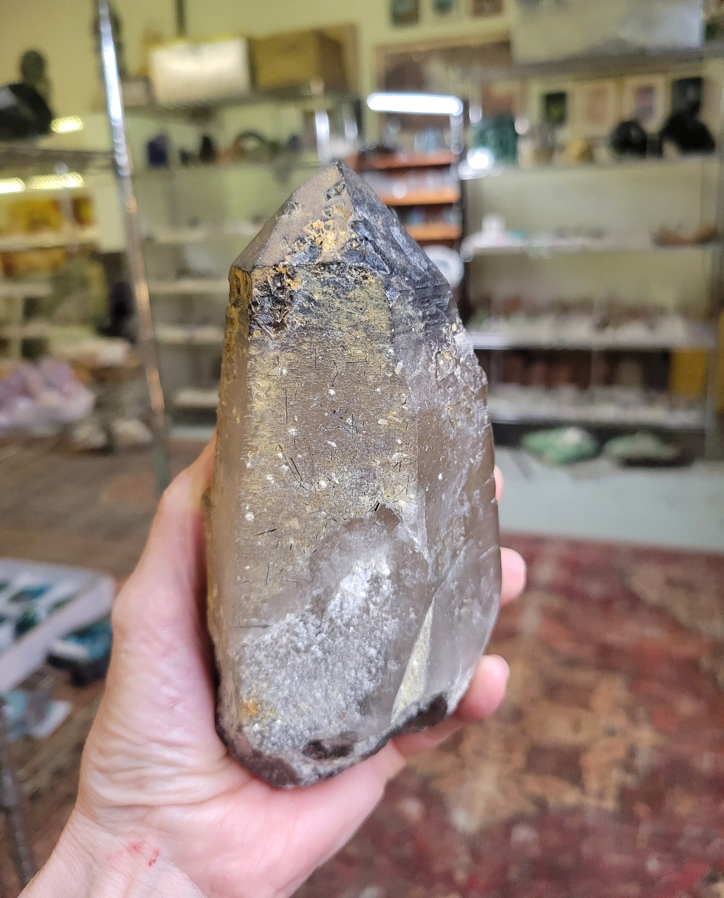 Tourmalinated Smokey Quartz Point with Hematite and Hyalite Opal from Erongo, Namibia