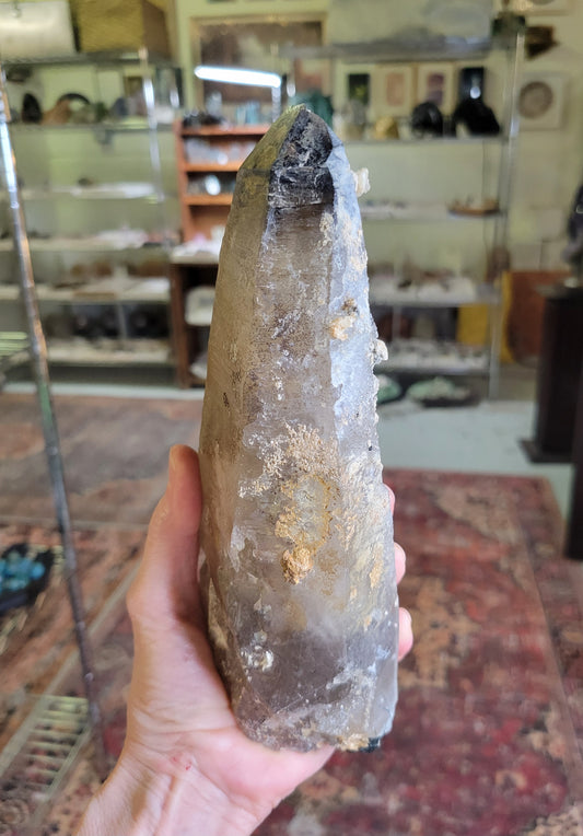 Tourmalinated Smokey Quartz Point with Hematite and Hyalite Opal from Erongo, Namibia