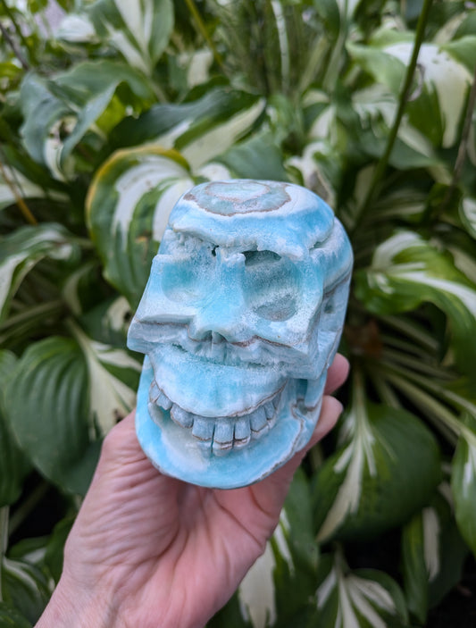 Blue Aragonite Skull Carving from Pakistan