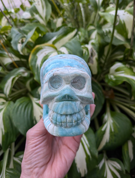 Blue Aragonite Skull Carving from Pakistan