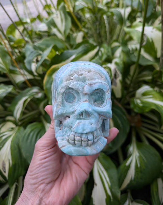 Blue Aragonite Skull Carving from Pakistan