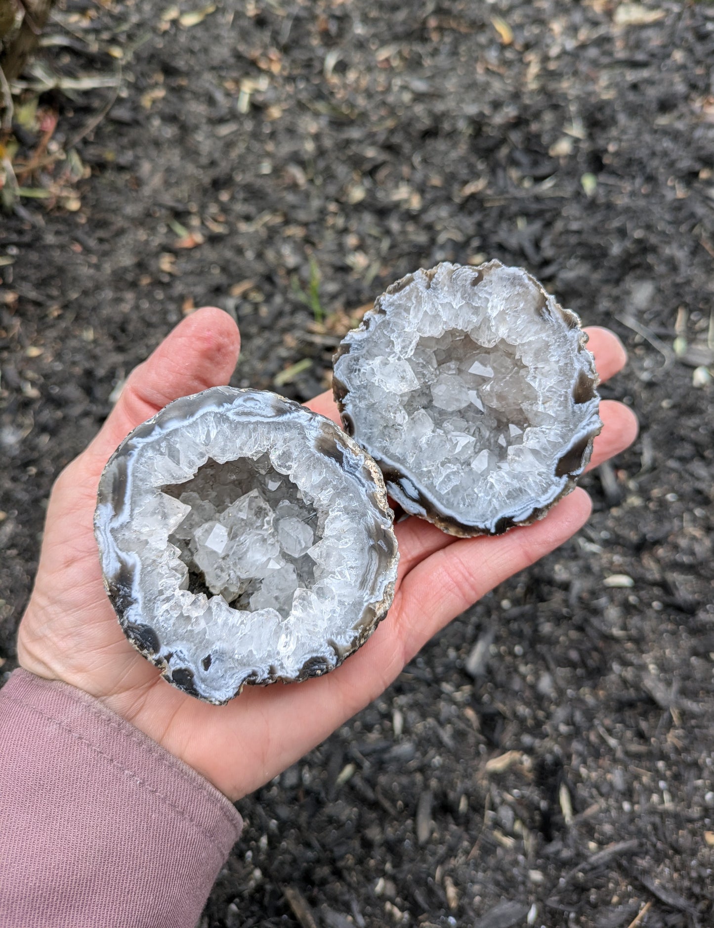 Agate and Quartz Oco Geode Pair from Rio Grande do Sul, Brazil