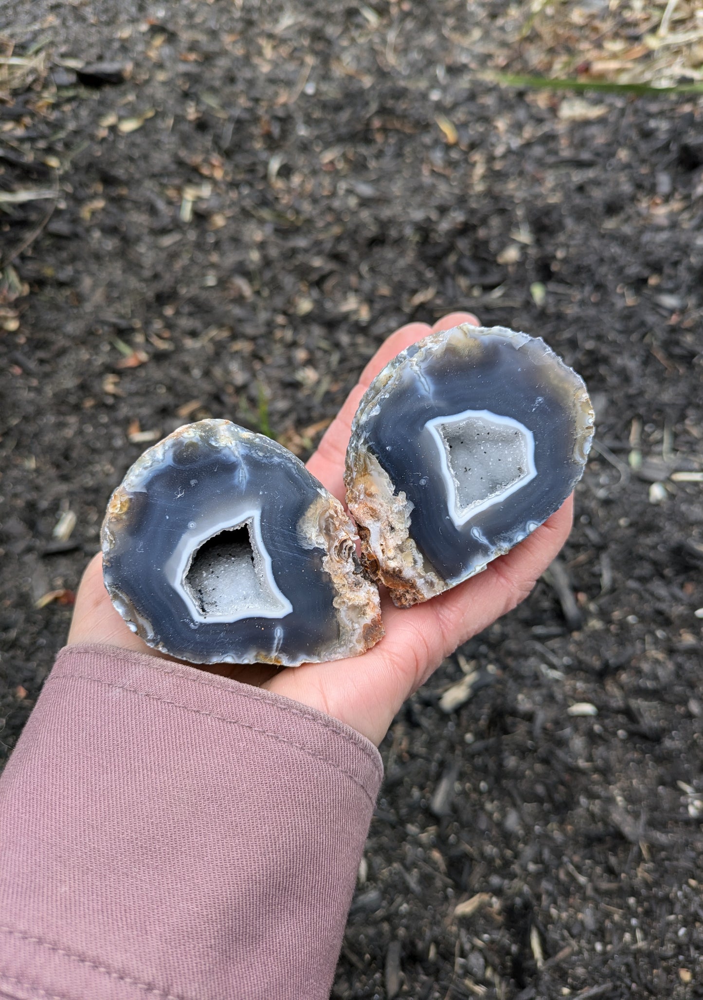 Agate and Quartz Oco Geode Pair from Rio Grande do Sul, Brazil