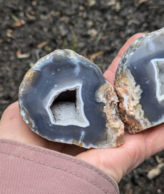 Agate and Quartz Oco Geode Pair from Rio Grande do Sul, Brazil