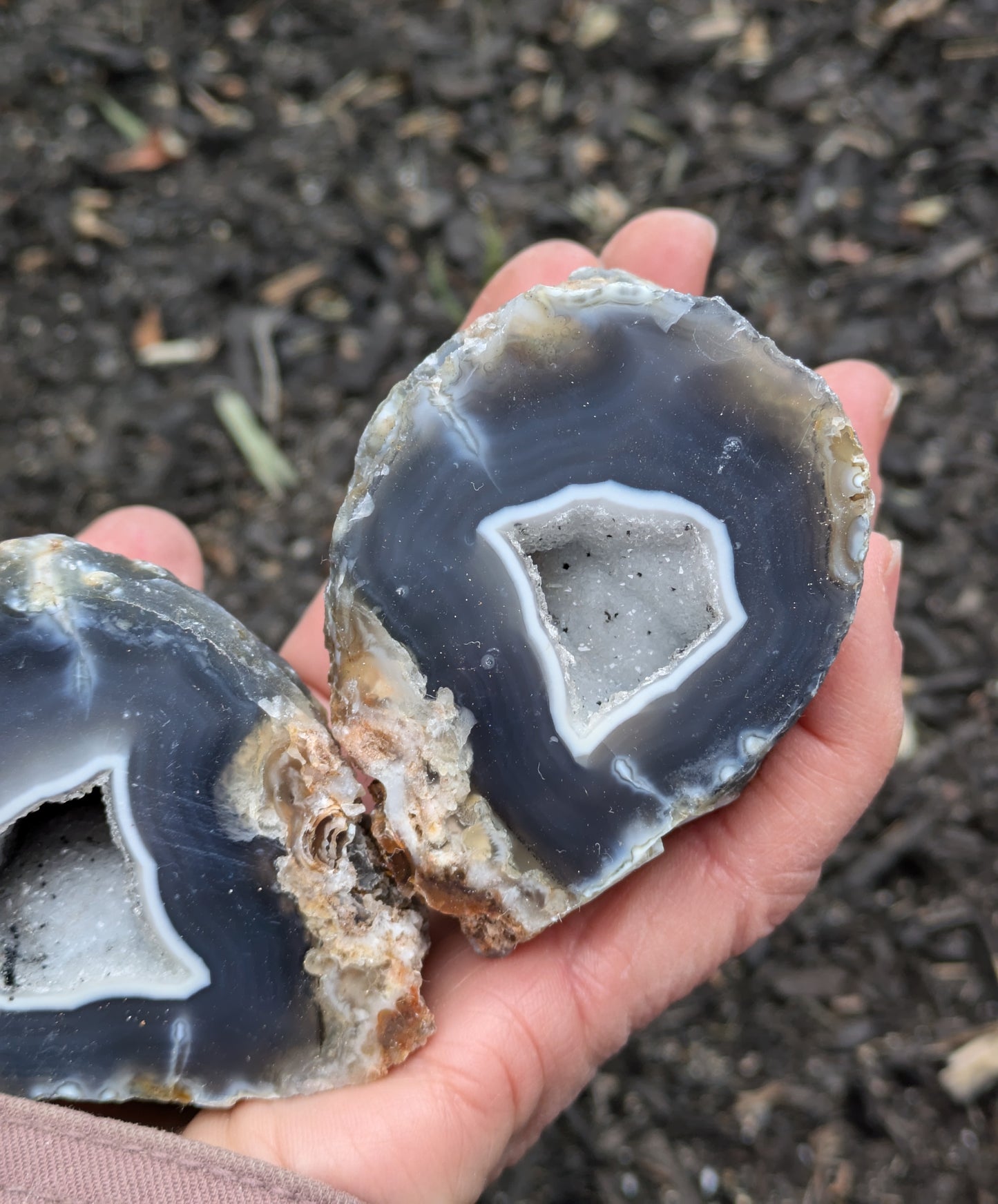 Agate and Quartz Oco Geode Pair from Rio Grande do Sul, Brazil