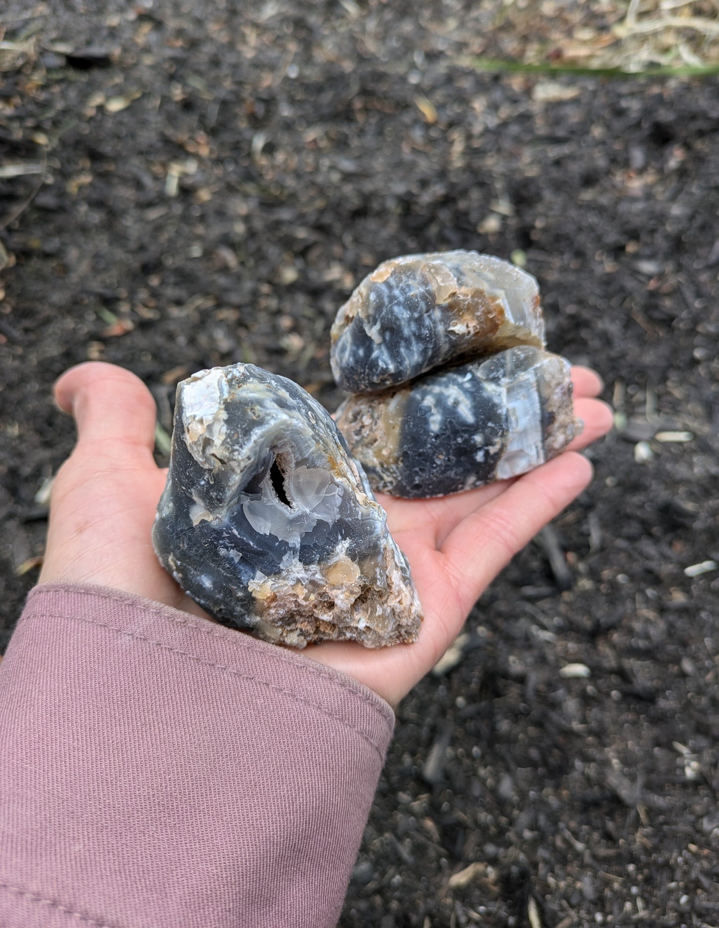 Agate and Quartz Oco Geode Pair from Rio Grande do Sul, Brazil